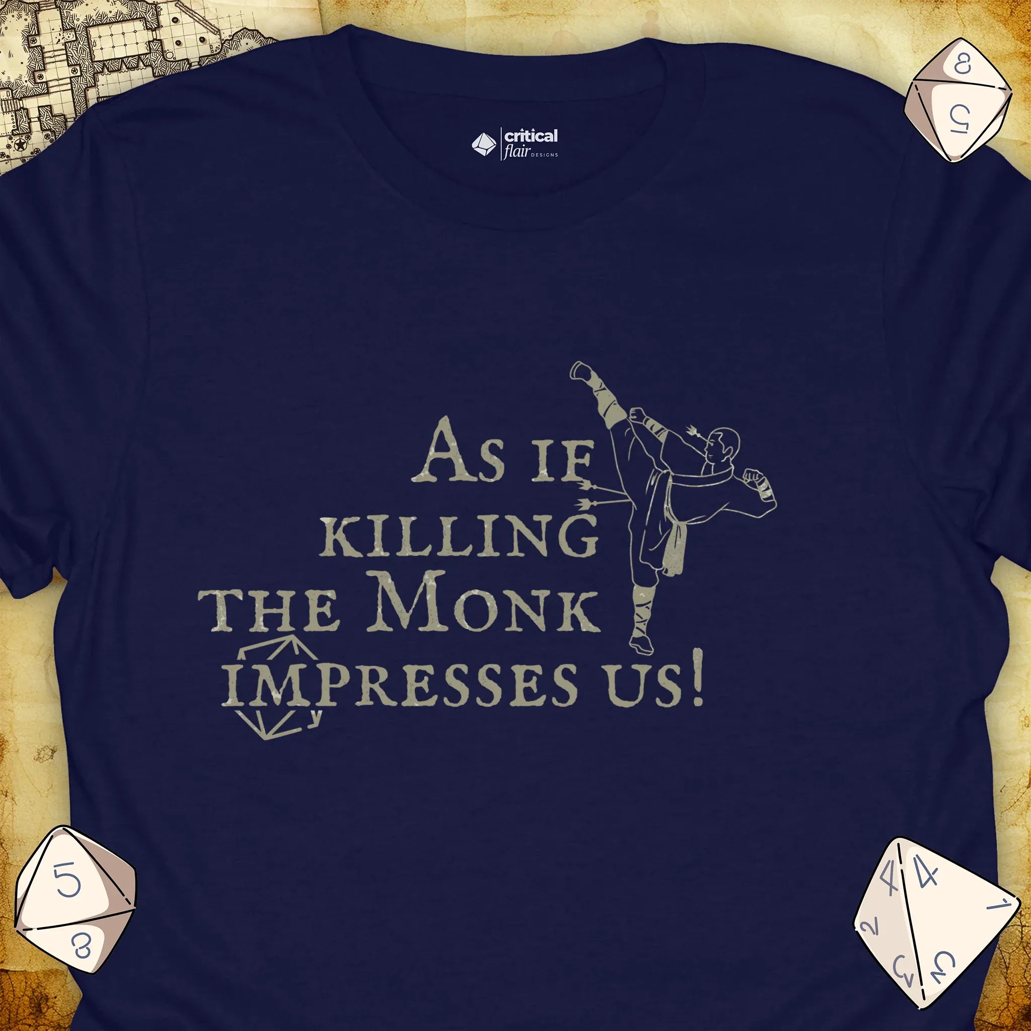 Critical Flair Killing the Monk T-Shirt Navy / S - Dungeons and Dragons and tabletop RPG gaming apparel