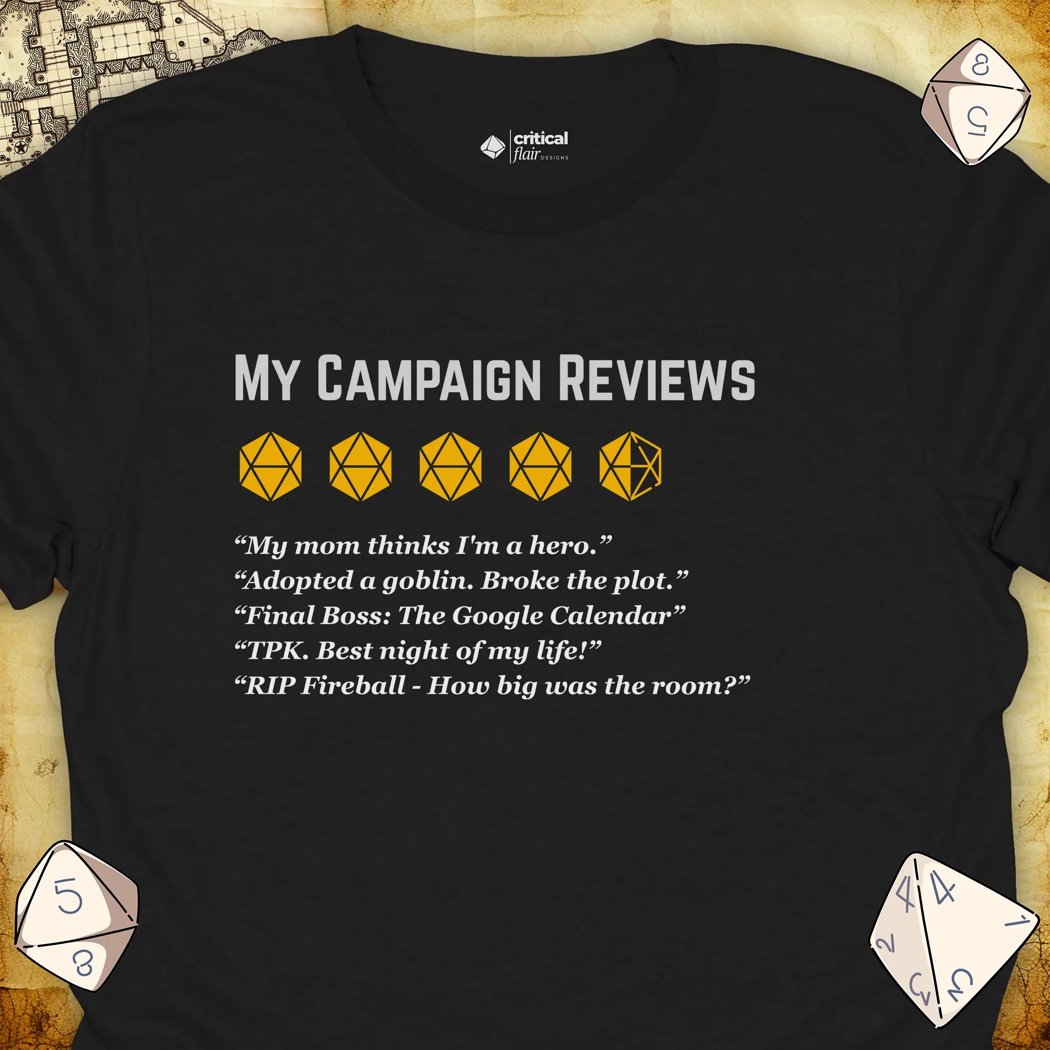 Critical Flair More Campaign Reviews T-Shirt Black / S - Dungeons and Dragons and tabletop RPG gaming apparel
