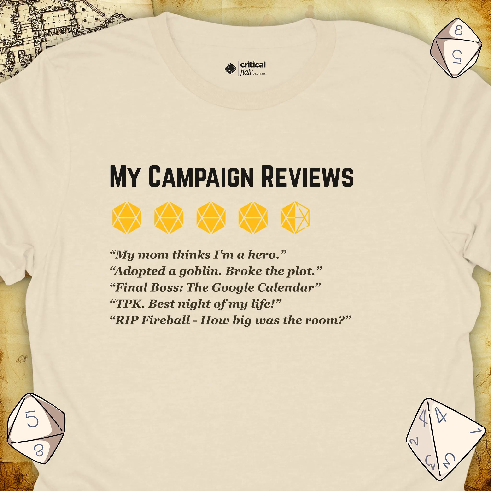 Critical Flair More Campaign Reviews T-Shirt Natural / S - Dungeons and Dragons and tabletop RPG gaming apparel
