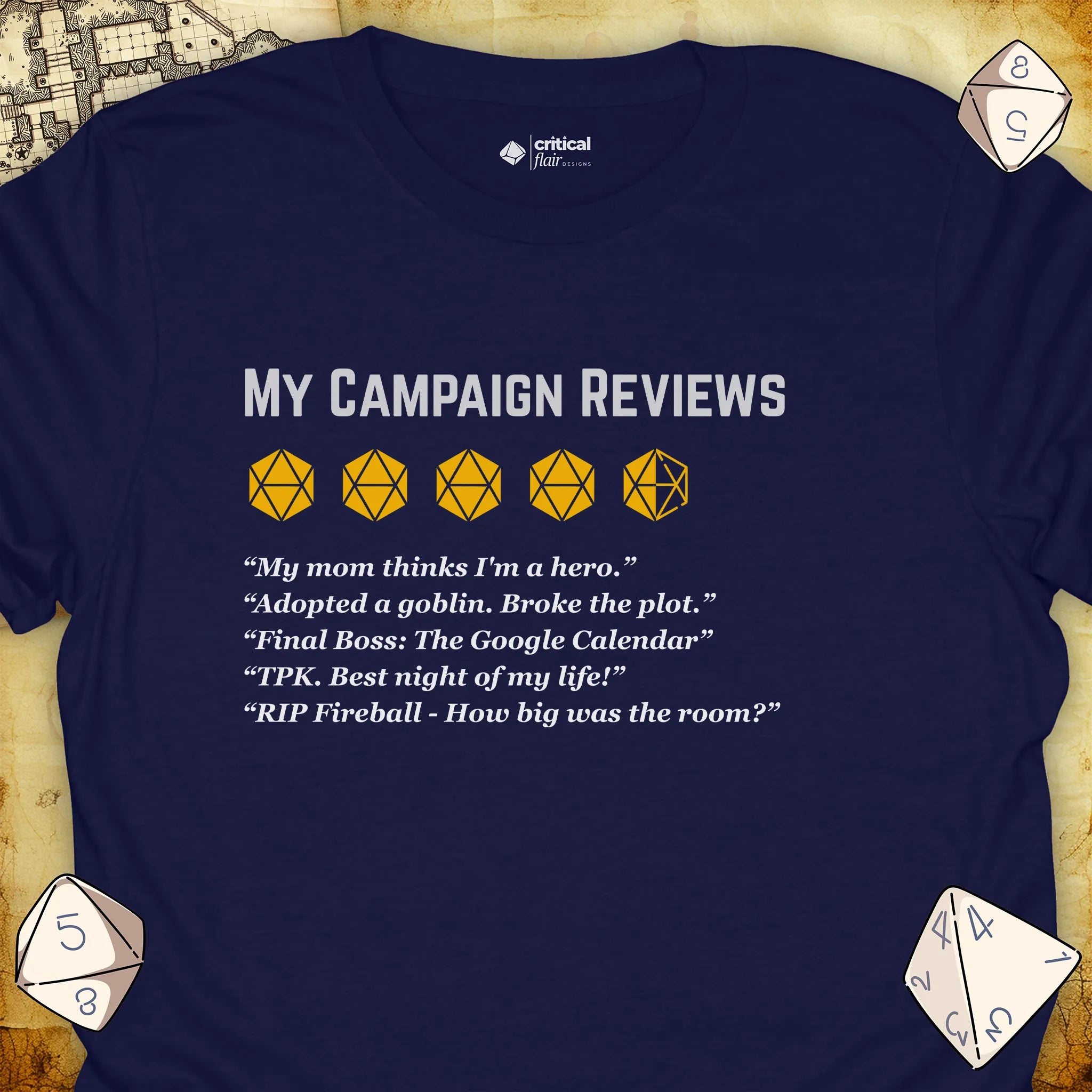 Critical Flair More Campaign Reviews T-Shirt Navy / S - Dungeons and Dragons and tabletop RPG gaming apparel