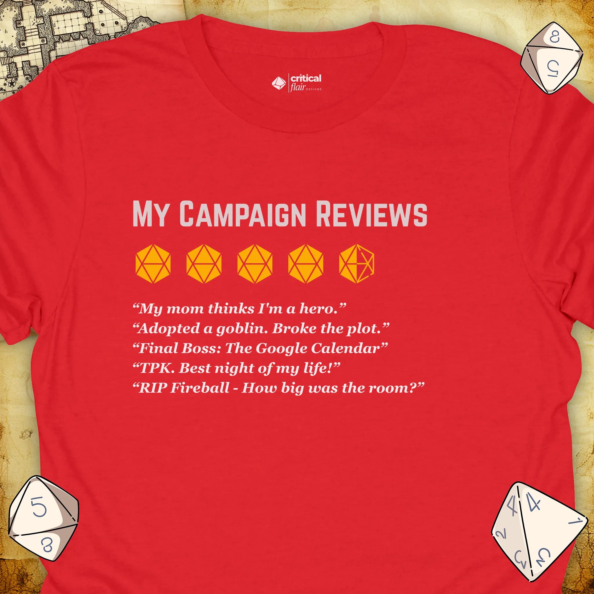Critical Flair More Campaign Reviews T-Shirt Red / S - Dungeons and Dragons and tabletop RPG gaming apparel