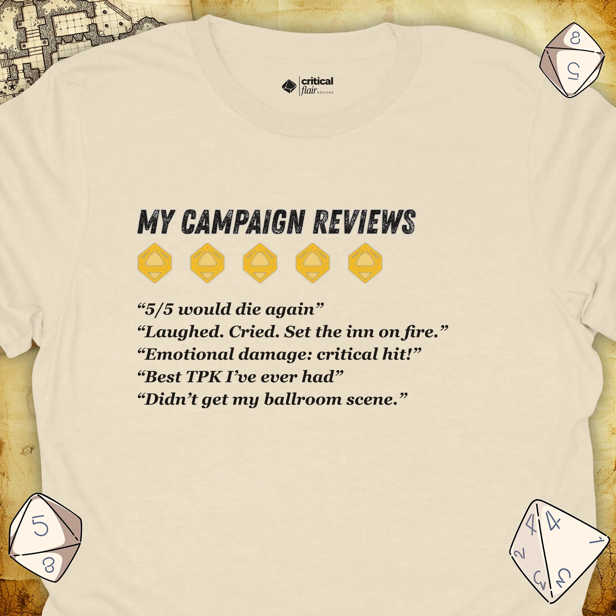 Critical Flair My Campaign Reviews T-Shirt Natural / S - Dungeons and Dragons and tabletop RPG gaming apparel