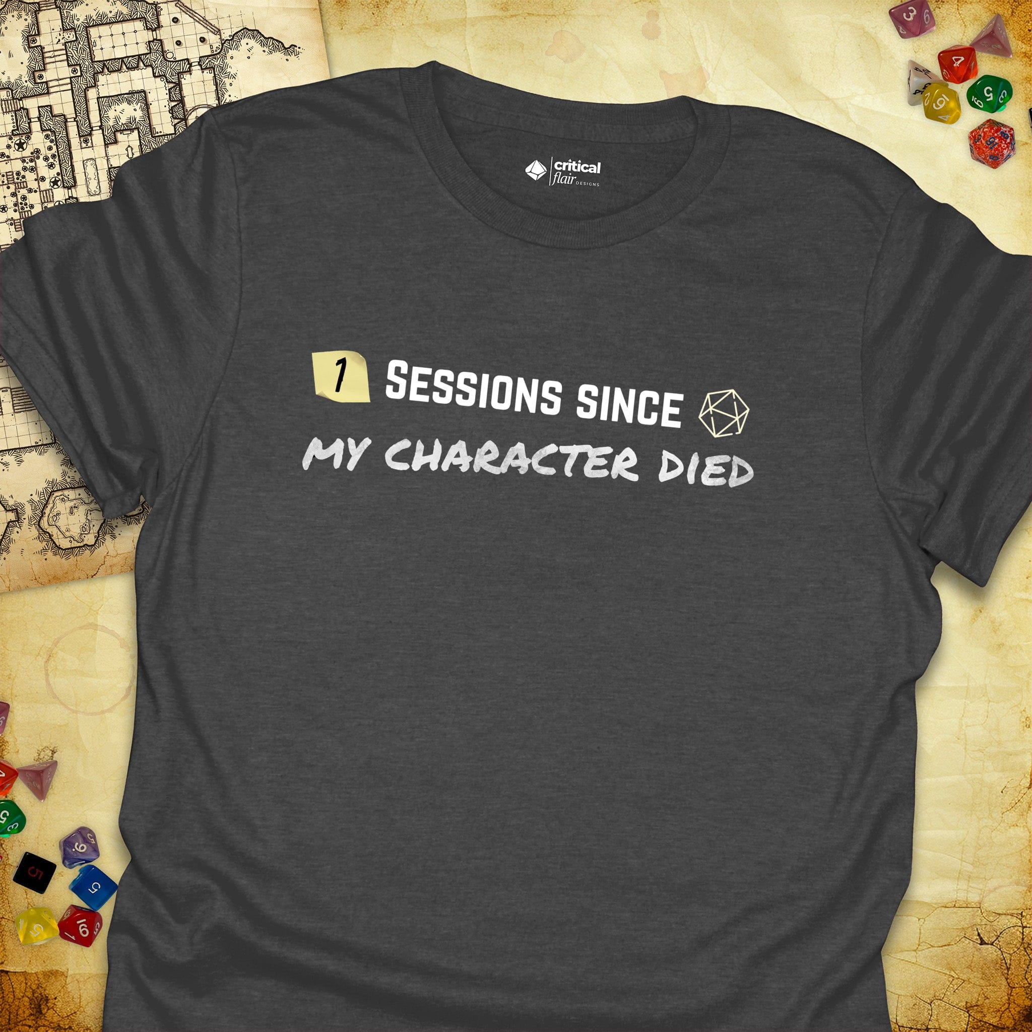 Critical Flair ...My Character Died T-Shirt Dark Heather / S - Dungeons and Dragons and tabletop RPG gaming apparel