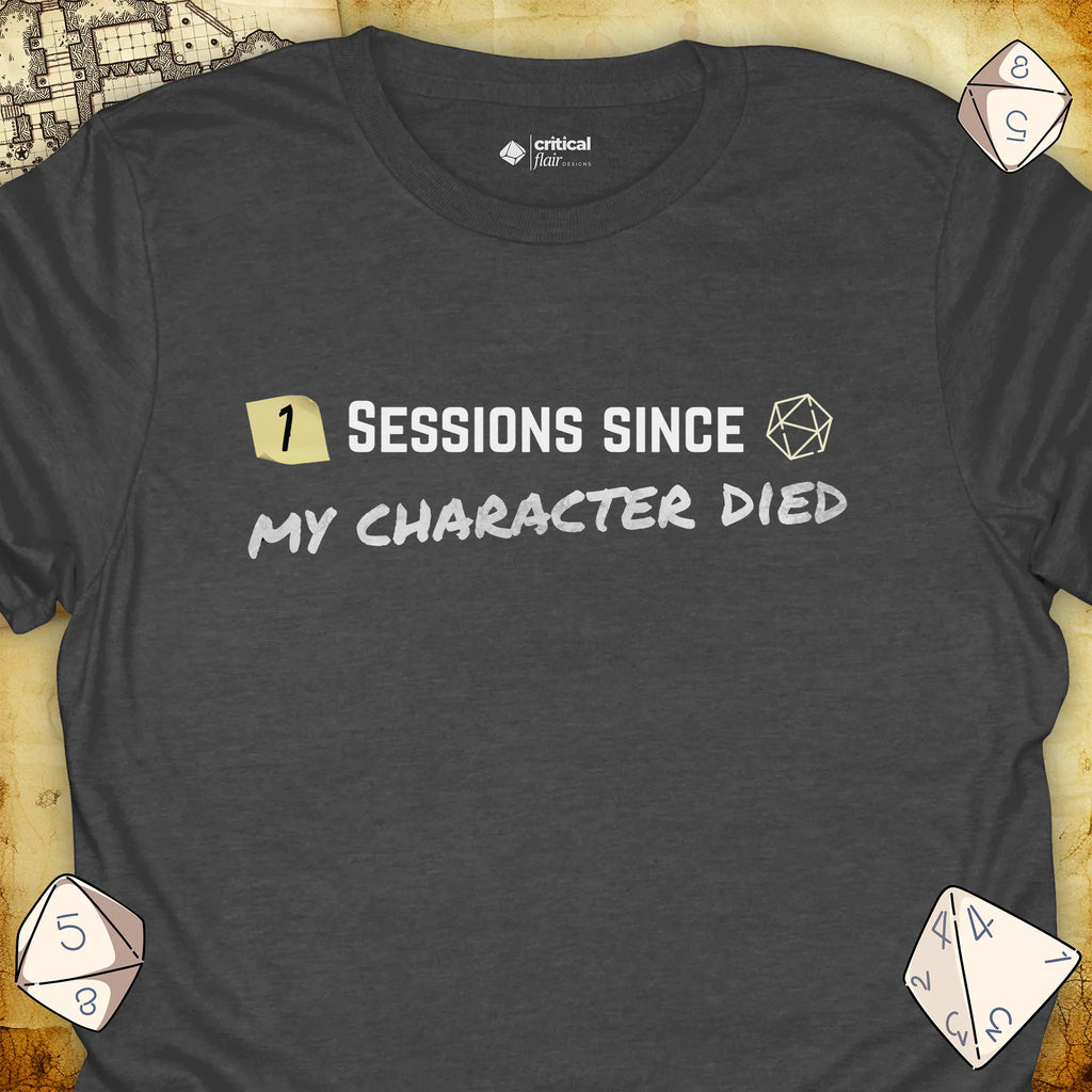 Critical Flair ...My Character Died T-Shirt Dark Heather / S - Dungeons and Dragons and tabletop RPG gaming apparel