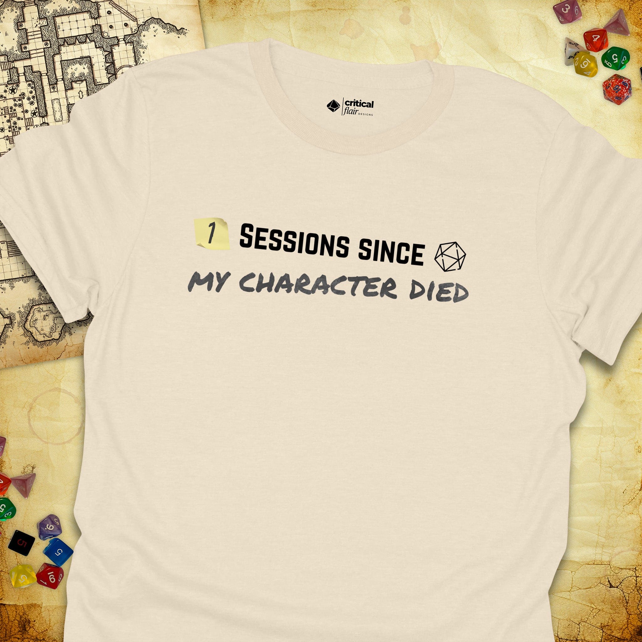 Critical Flair ...My Character Died T-Shirt Natural / S - Dungeons and Dragons and tabletop RPG gaming apparel