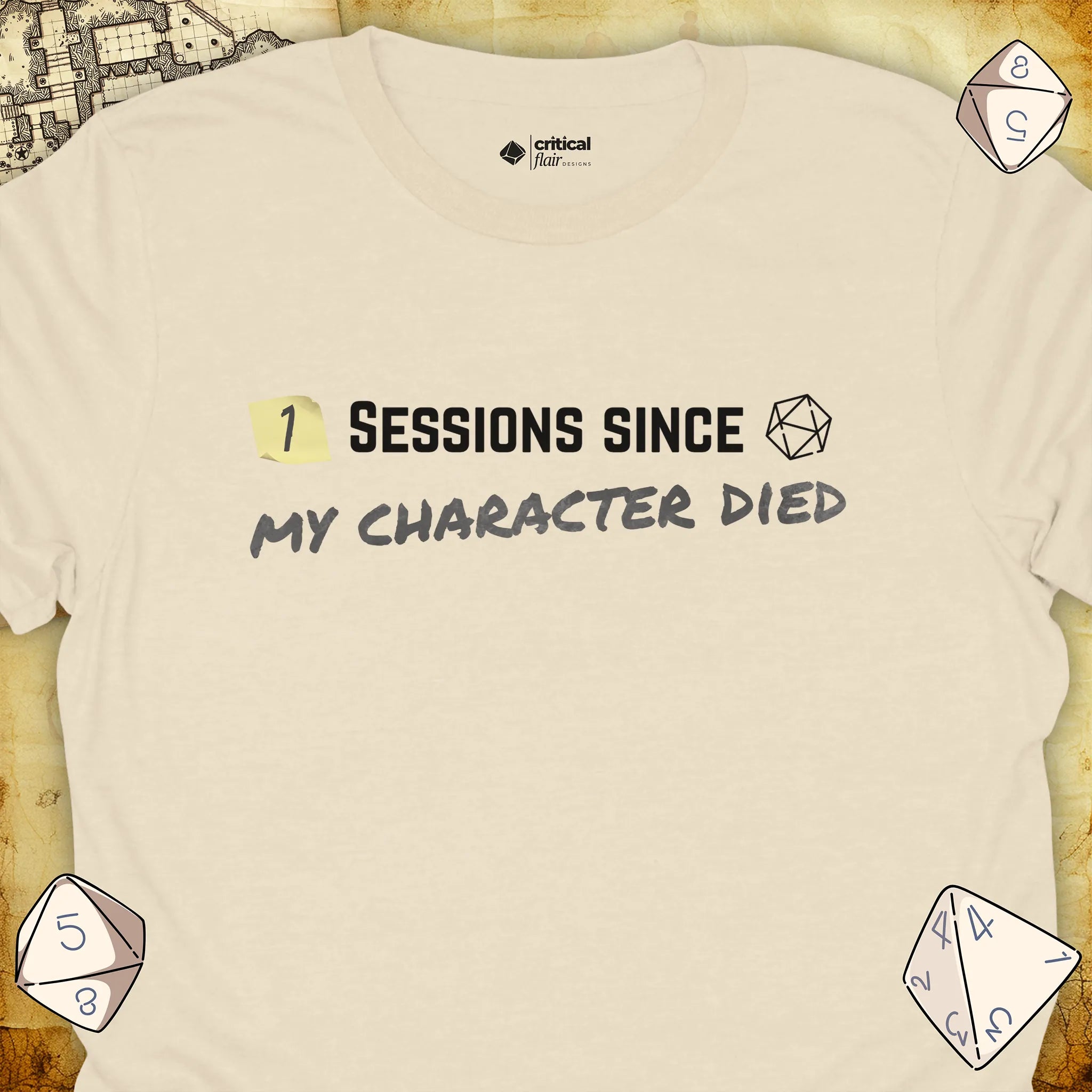 Critical Flair ...My Character Died T-Shirt Natural / S - Dungeons and Dragons and tabletop RPG gaming apparel