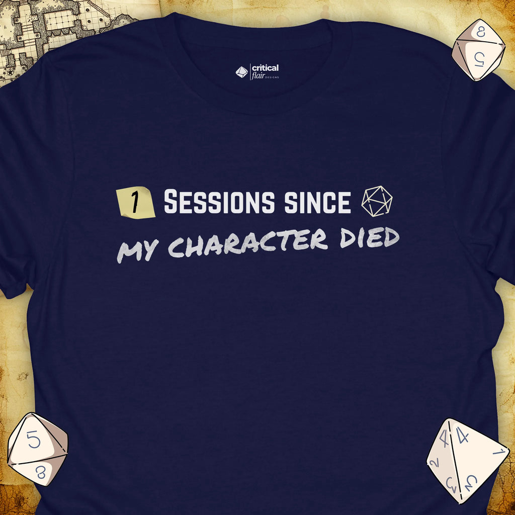 Critical Flair ...My Character Died T-Shirt Navy / S - Dungeons and Dragons and tabletop RPG gaming apparel