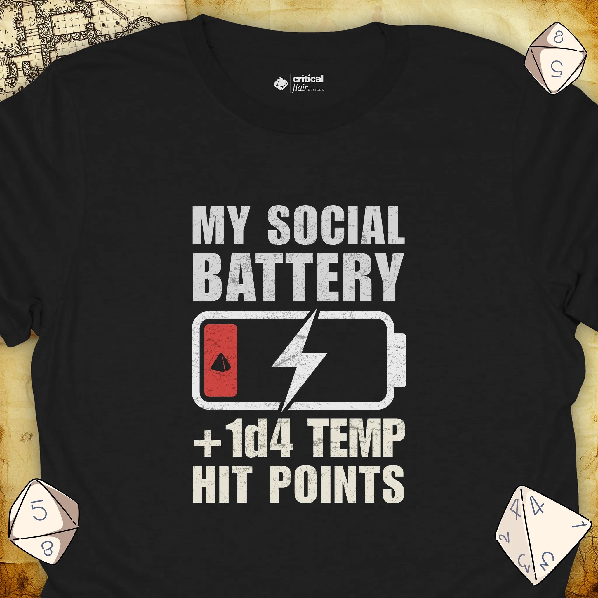 Critical Flair My Social Battery T-Shirt Black / S - Dungeons and Dragons and tabletop RPG gaming apparel