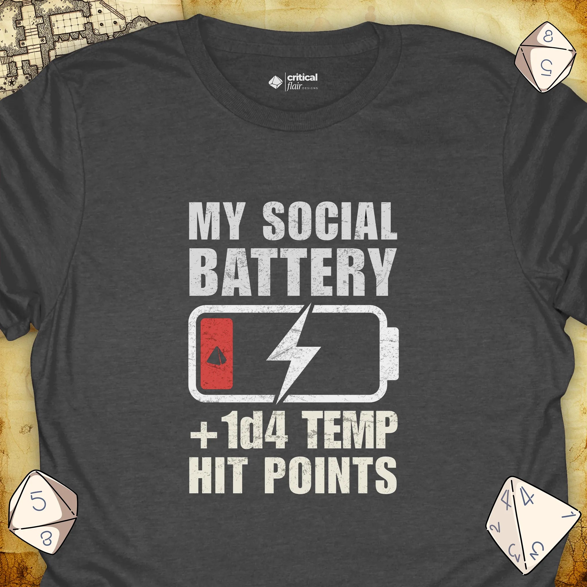 Critical Flair My Social Battery T-Shirt Dark Heather / S - Dungeons and Dragons and tabletop RPG gaming apparel