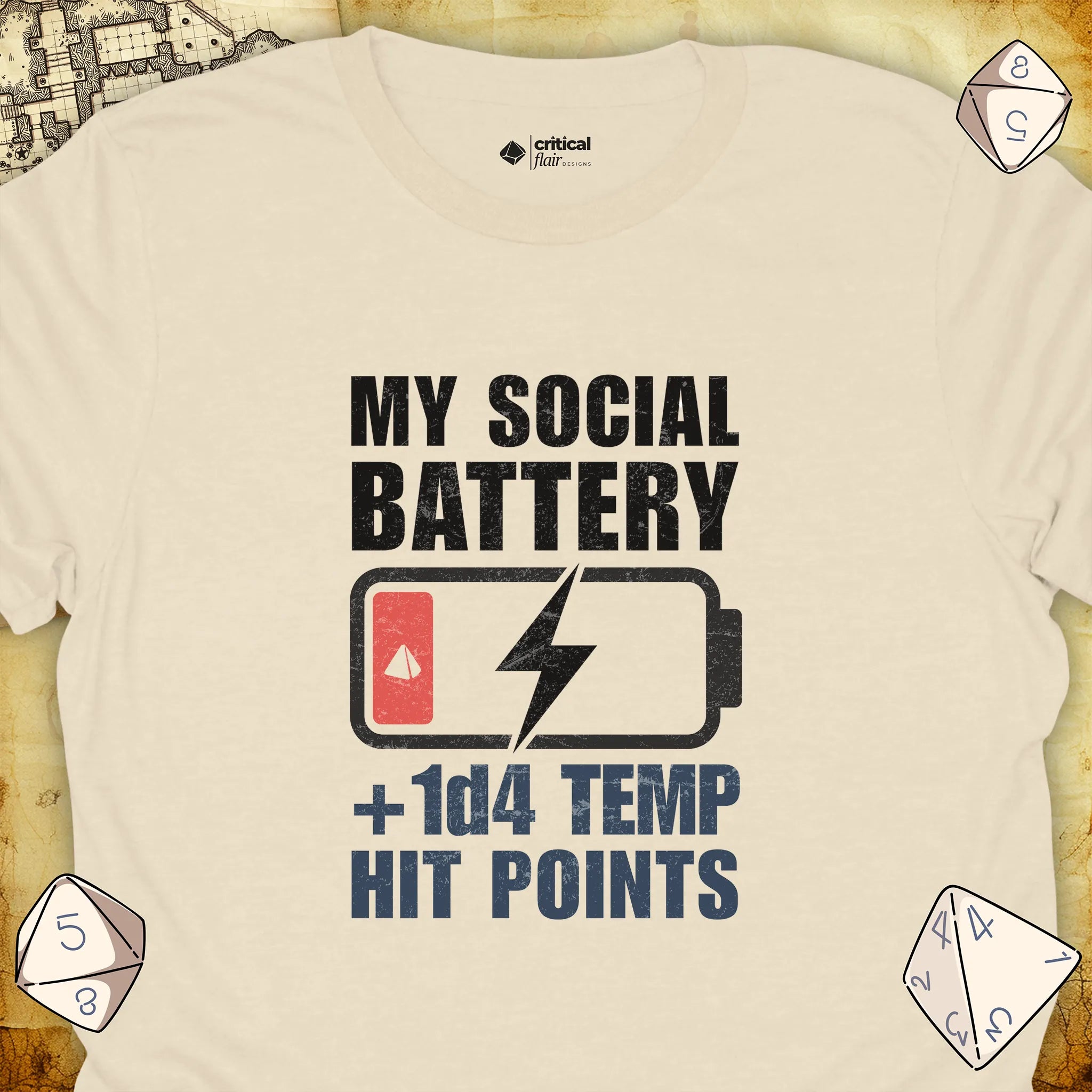 Critical Flair My Social Battery T-Shirt Natural / S - Dungeons and Dragons and tabletop RPG gaming apparel
