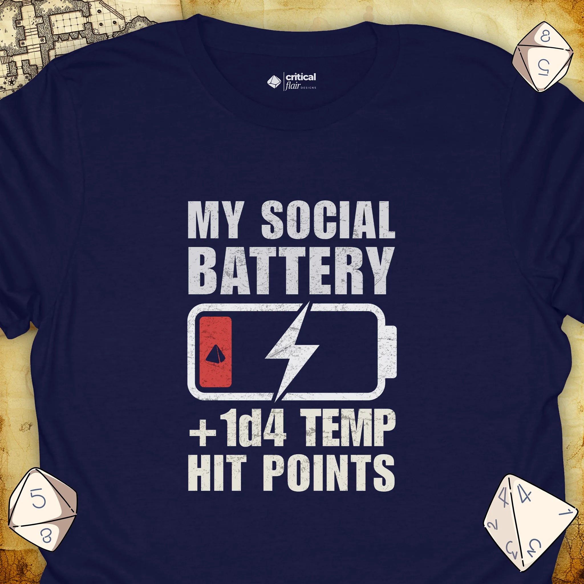 Critical Flair My Social Battery T-Shirt Navy / S - Dungeons and Dragons and tabletop RPG gaming apparel