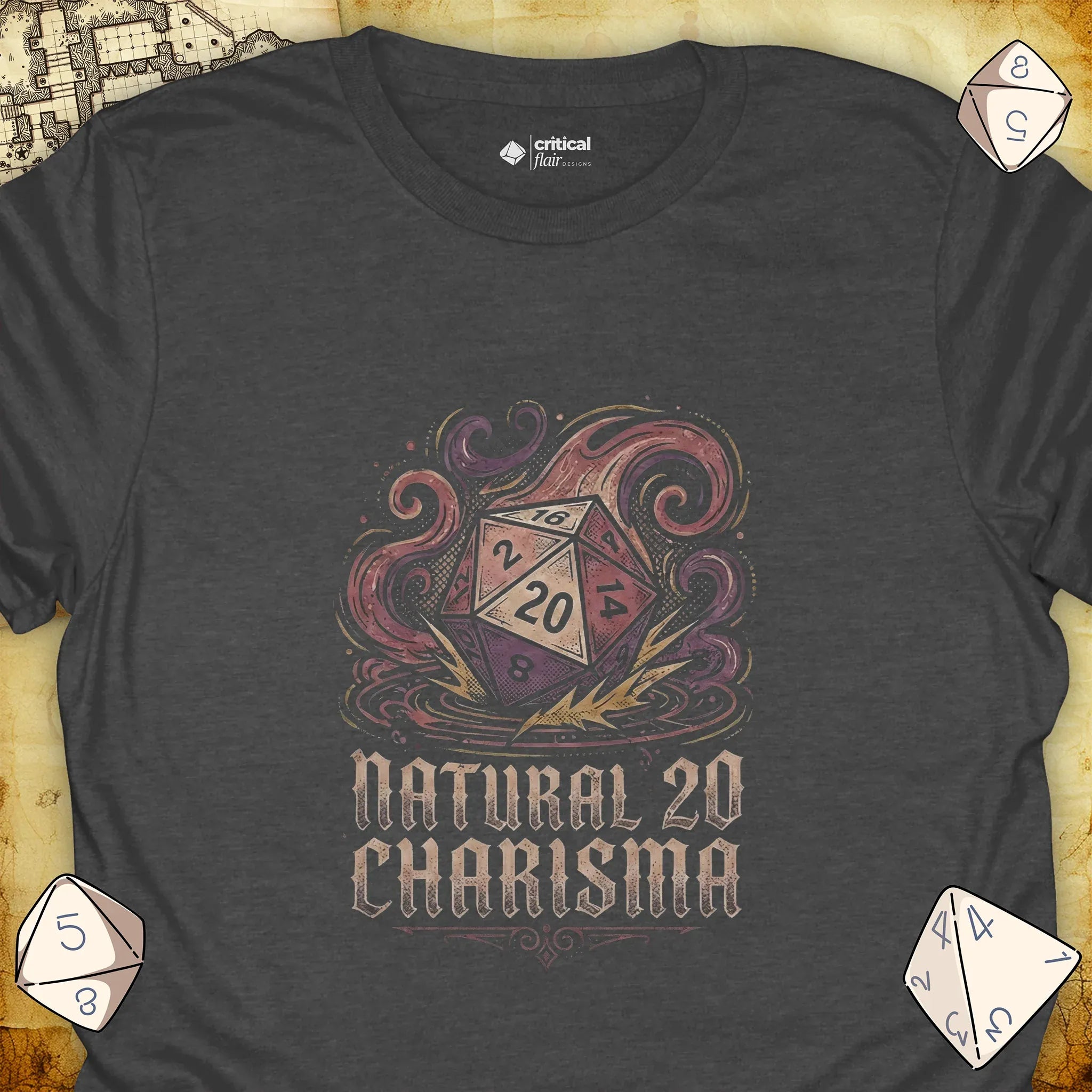 Critical Flair Natural 20 Charisma T-Shirt Dark Heather / S - Dungeons and Dragons and tabletop RPG gaming apparel