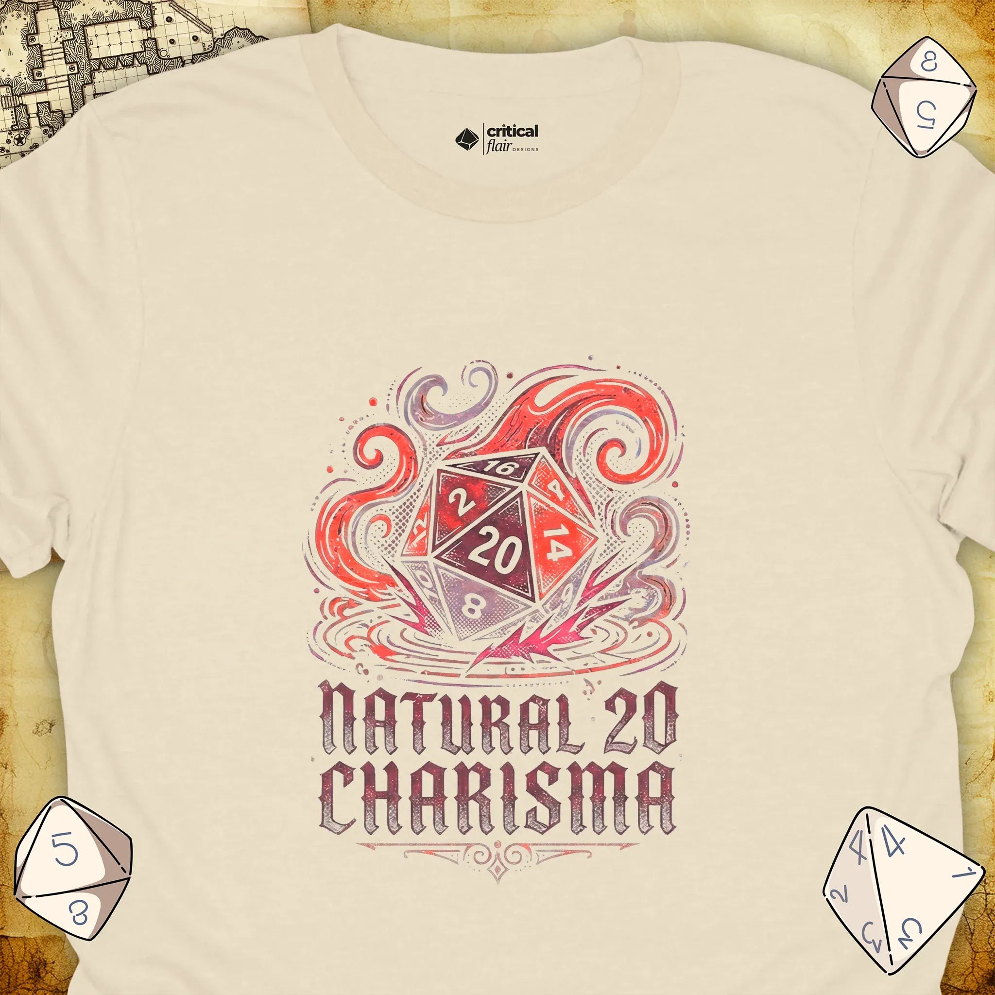 Critical Flair Natural 20 Charisma T-Shirt Natural / S - Dungeons and Dragons and tabletop RPG gaming apparel