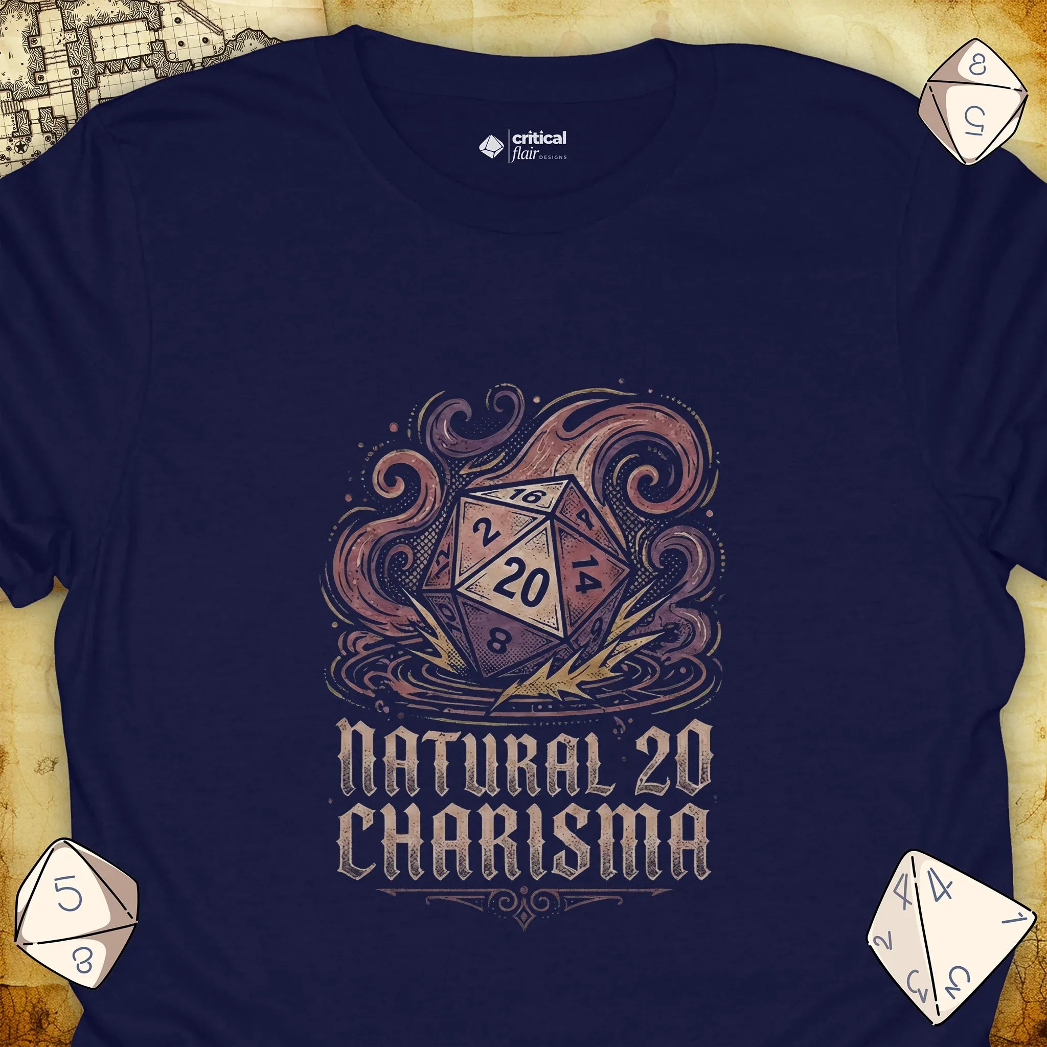 Critical Flair Natural 20 Charisma T-Shirt Navy / S - Dungeons and Dragons and tabletop RPG gaming apparel