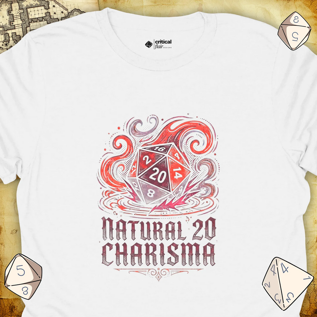 Critical Flair Natural 20 Charisma T-Shirt White / S - Dungeons and Dragons and tabletop RPG gaming apparel