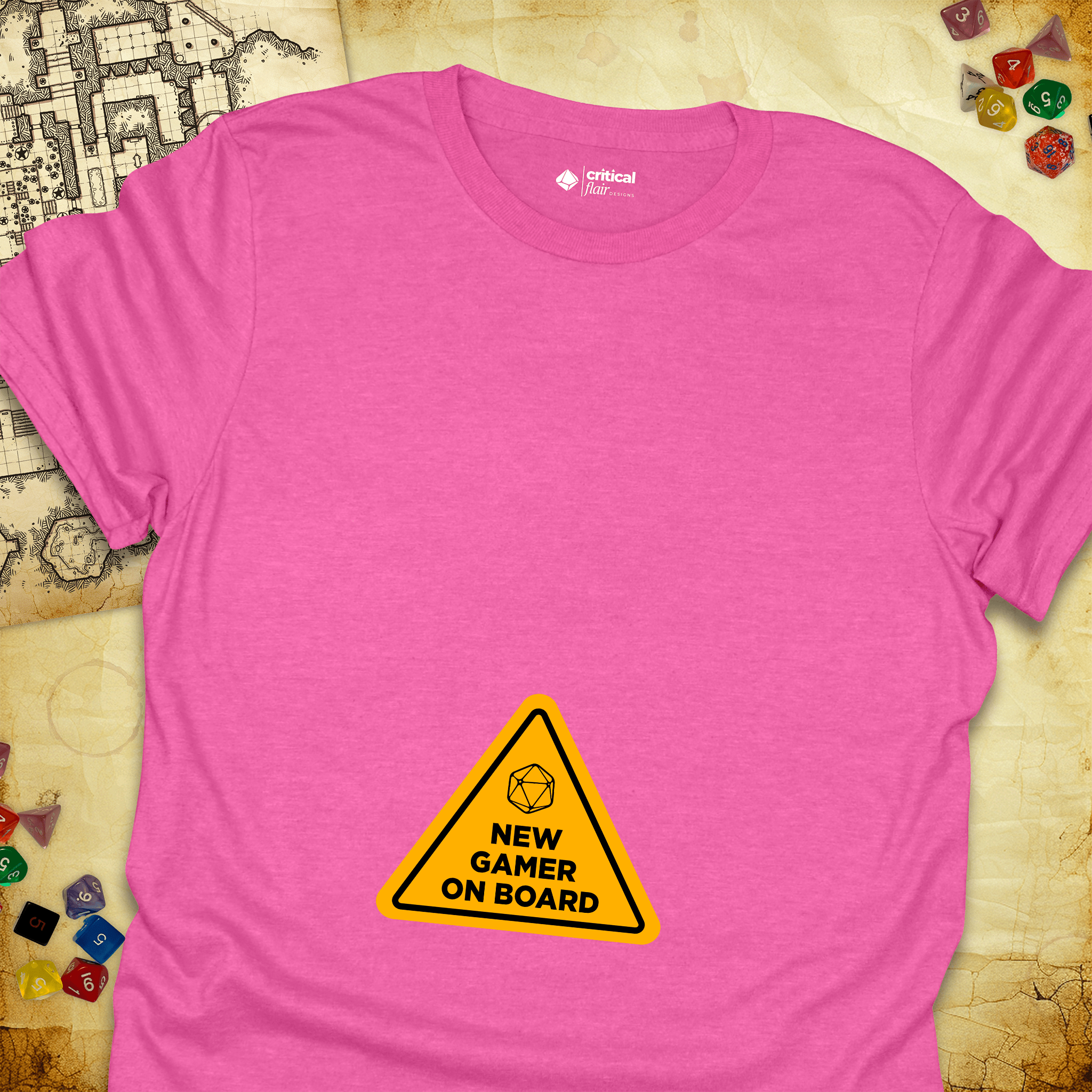 Critical Flair New Gamer On Board T-Shirt Heather Heliconia / S - Dungeons and Dragons and tabletop RPG gaming apparel