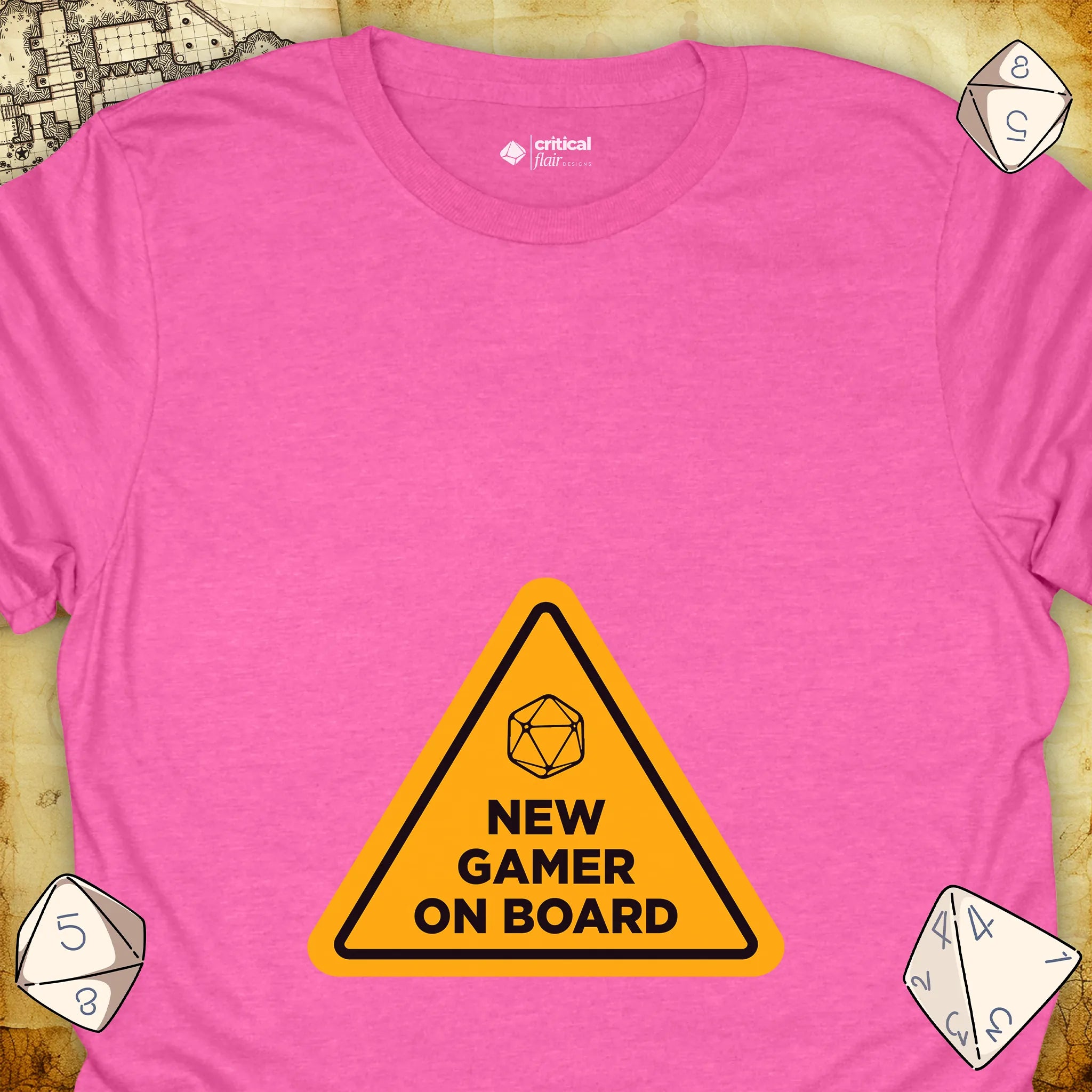 Critical Flair New Gamer On Board T-Shirt Heather Heliconia / S - Dungeons and Dragons and tabletop RPG gaming apparel