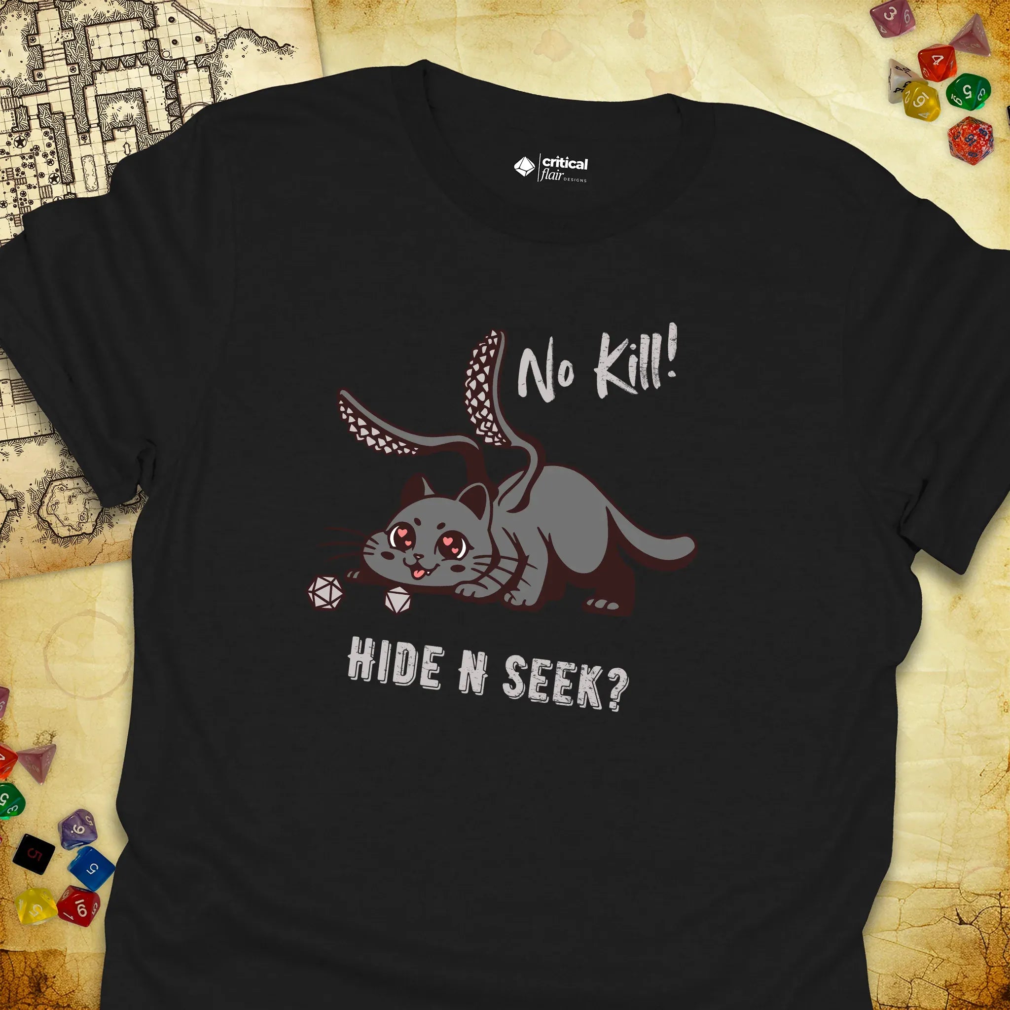 Critical Flair No Kill! (Displacer Kitty) T-Shirt Black / S - Dungeons and Dragons and tabletop RPG gaming apparel