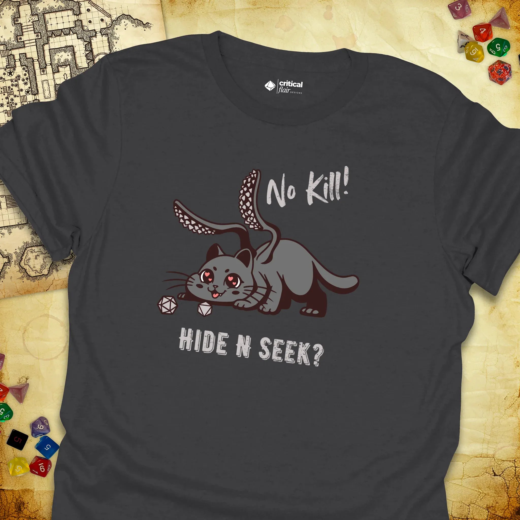 Critical Flair No Kill! (Displacer Kitty) T-Shirt Charcoal / S - Dungeons and Dragons and tabletop RPG gaming apparel