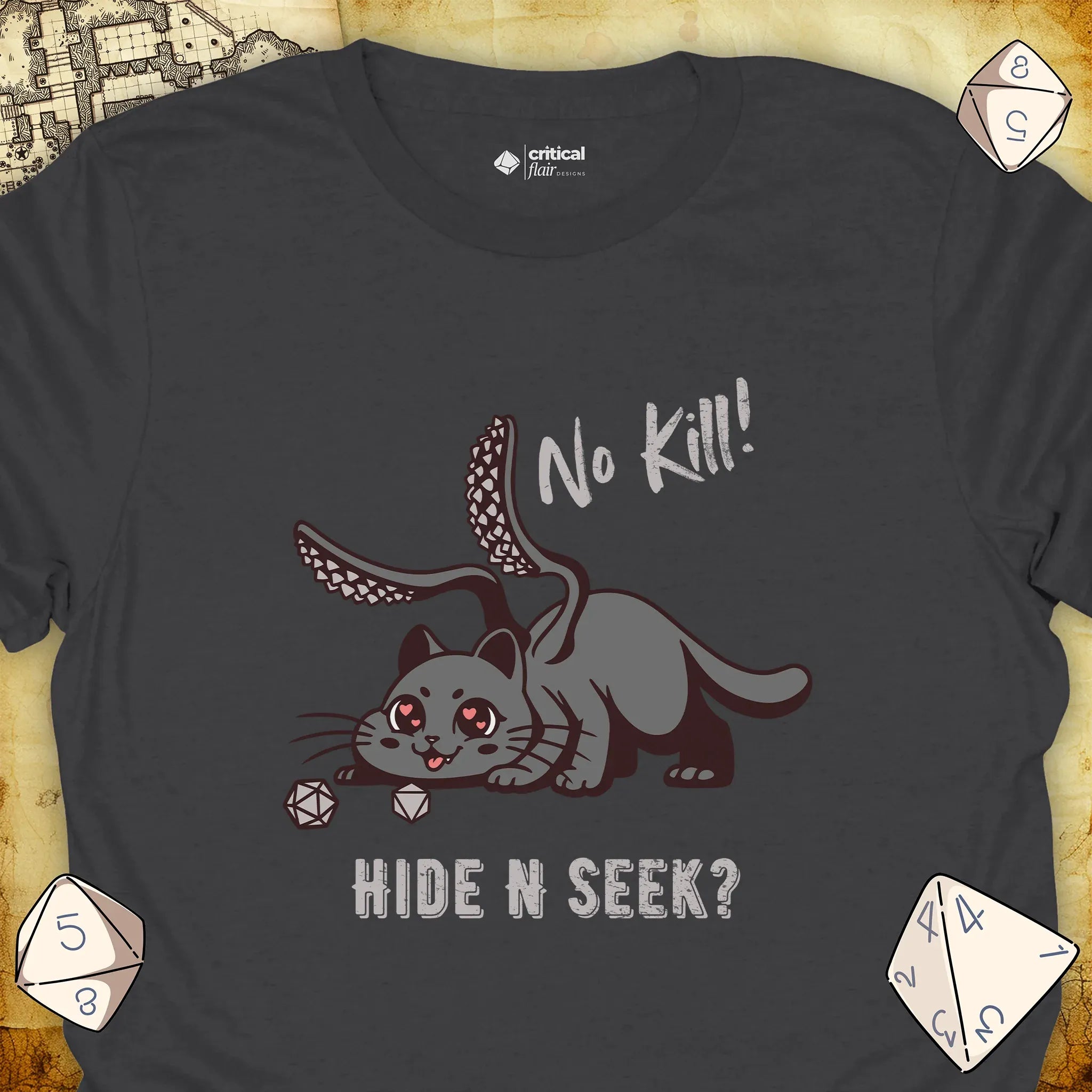 Critical Flair No Kill! (Displacer Kitty) T-Shirt Charcoal / S - Dungeons and Dragons and tabletop RPG gaming apparel