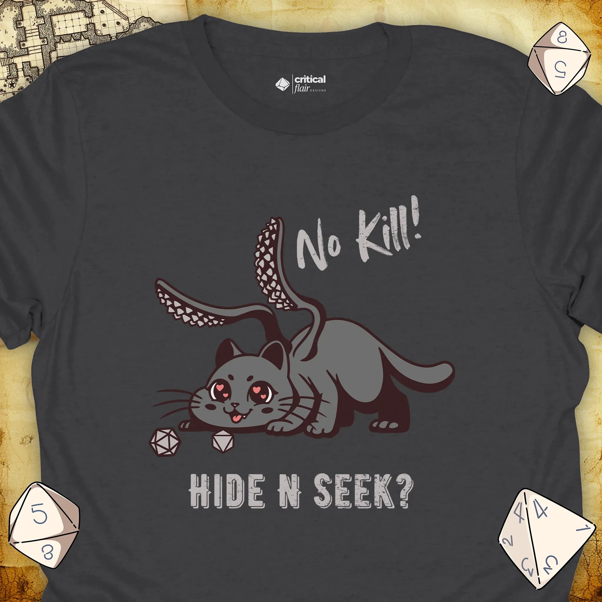 Critical Flair No Kill! (Displacer Kitty) T-Shirt Charcoal / S - Dungeons and Dragons and tabletop RPG gaming apparel