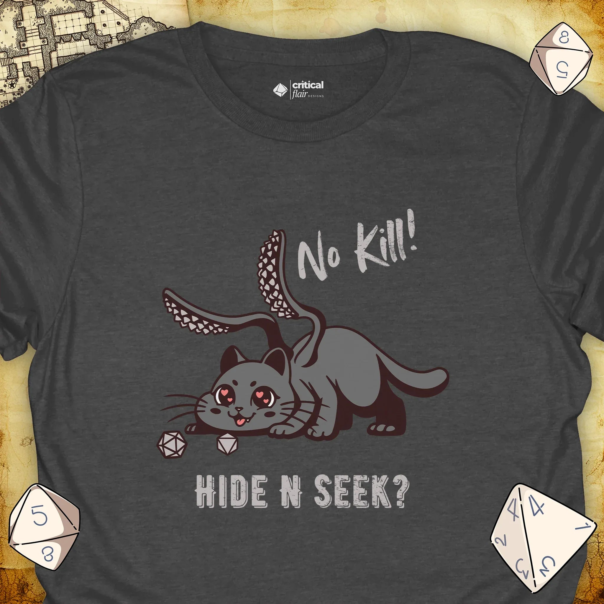 Critical Flair No Kill! (Displacer Kitty) T-Shirt Dark Heather / S - Dungeons and Dragons and tabletop RPG gaming apparel
