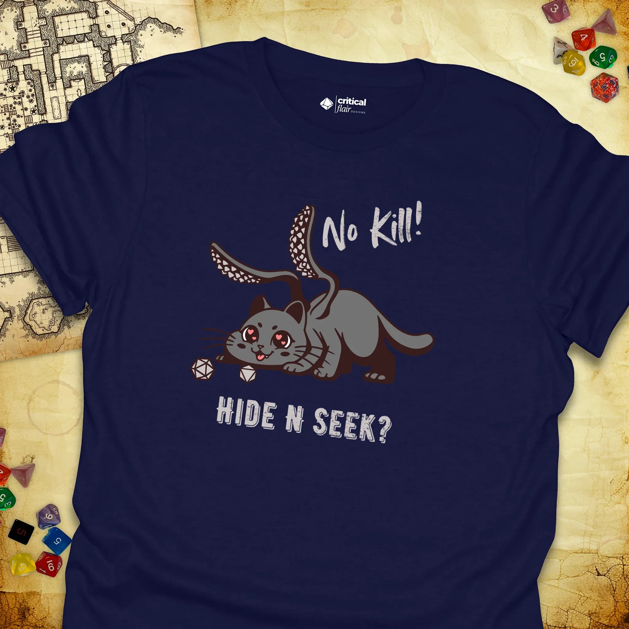 Critical Flair No Kill! (Displacer Kitty) T-Shirt Navy / S - Dungeons and Dragons and tabletop RPG gaming apparel