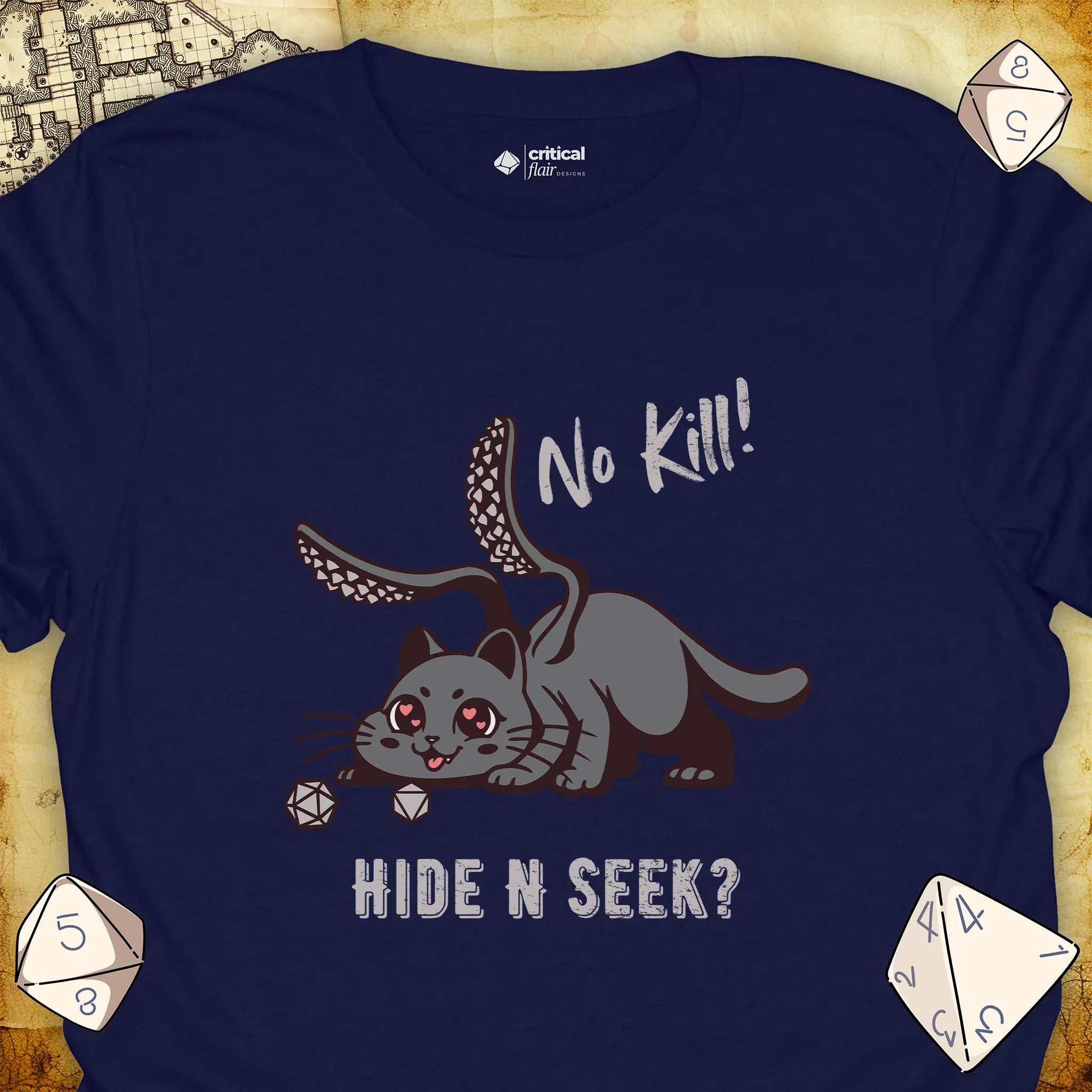 Critical Flair No Kill! (Displacer Kitty) T-Shirt Navy / S - Dungeons and Dragons and tabletop RPG gaming apparel