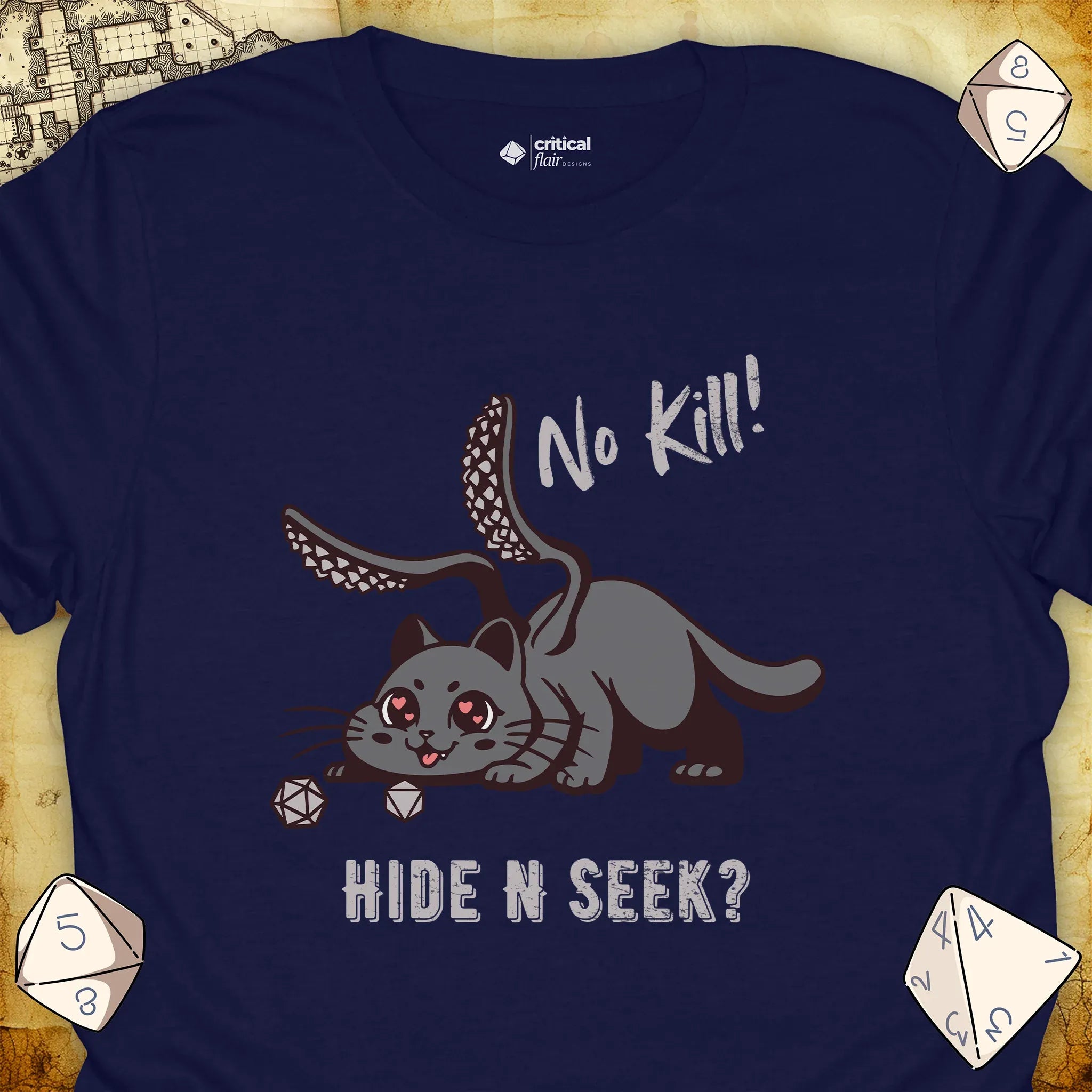 Critical Flair No Kill! (Displacer Kitty) T-Shirt Navy / S - Dungeons and Dragons and tabletop RPG gaming apparel