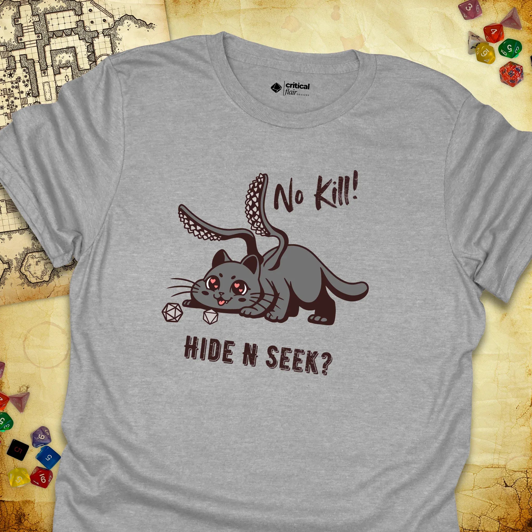 Critical Flair No Kill! (Displacer Kitty) T-Shirt Sport Grey / S - Dungeons and Dragons and tabletop RPG gaming apparel