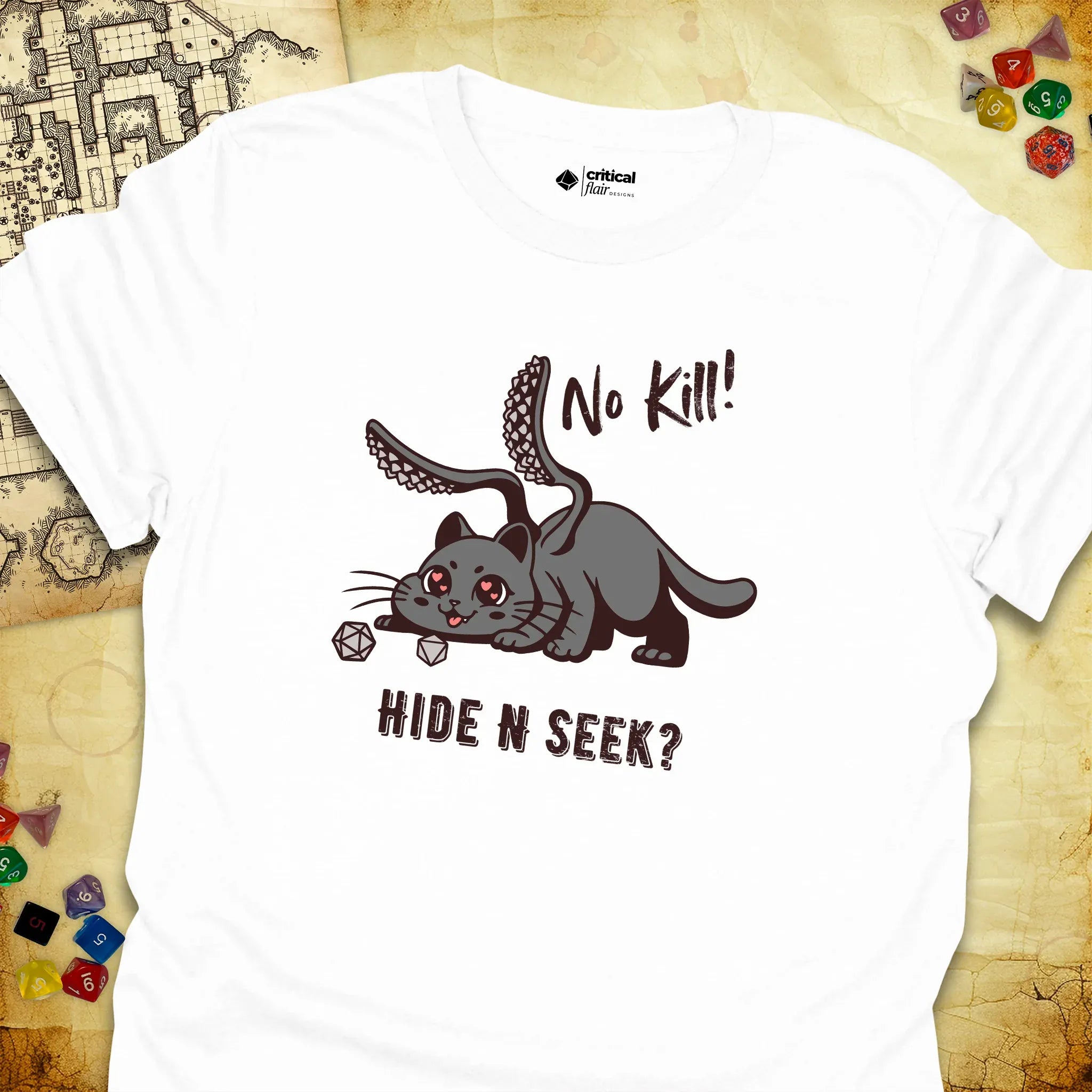 Critical Flair No Kill! (Displacer Kitty) T-Shirt White / S - Dungeons and Dragons and tabletop RPG gaming apparel