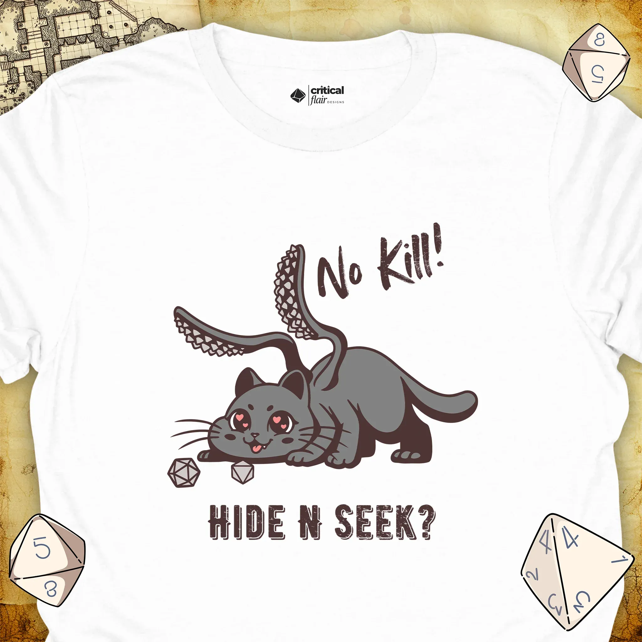 Critical Flair No Kill! (Displacer Kitty) T-Shirt White / S - Dungeons and Dragons and tabletop RPG gaming apparel
