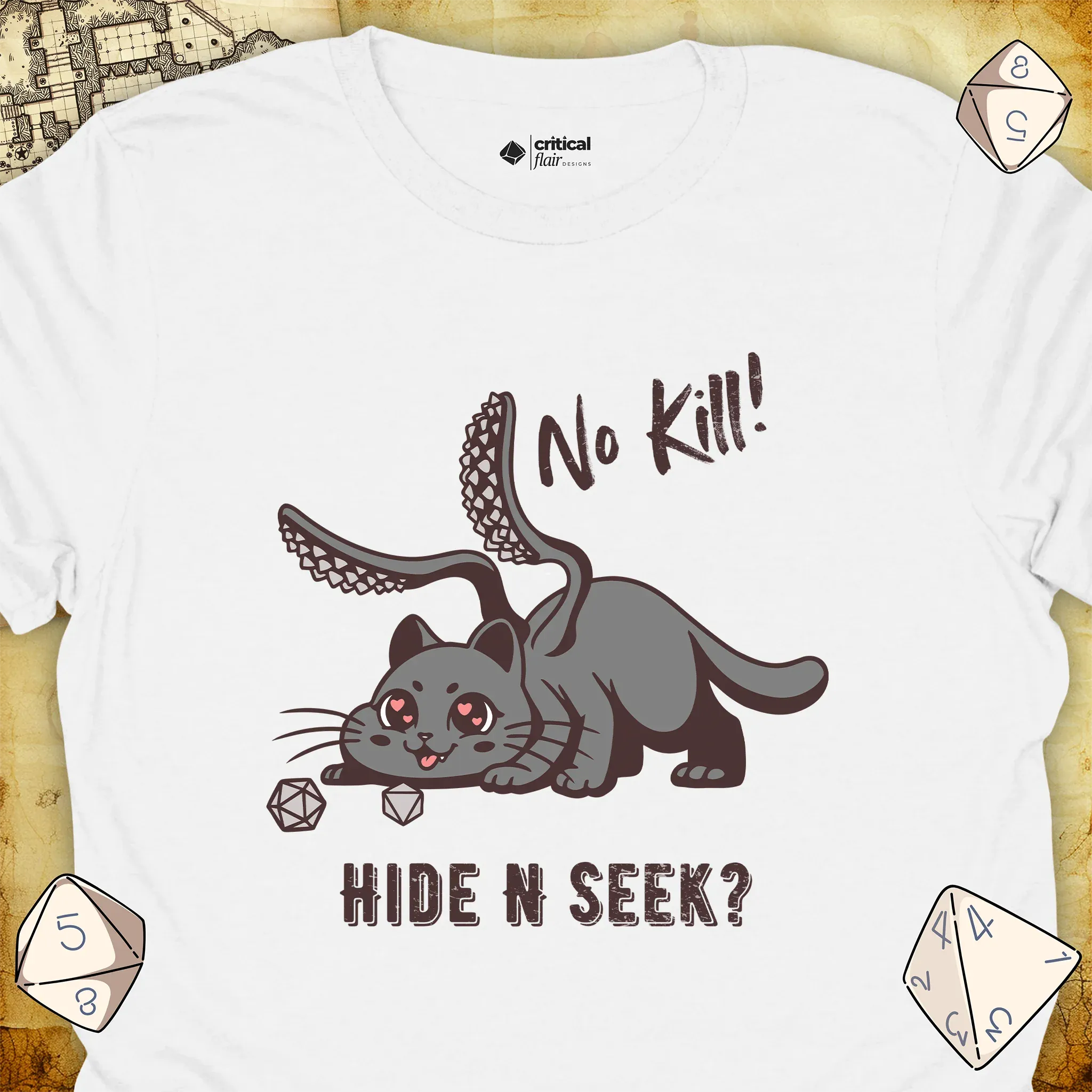 Critical Flair No Kill! (Displacer Kitty) T-Shirt White / S - Dungeons and Dragons and tabletop RPG gaming apparel