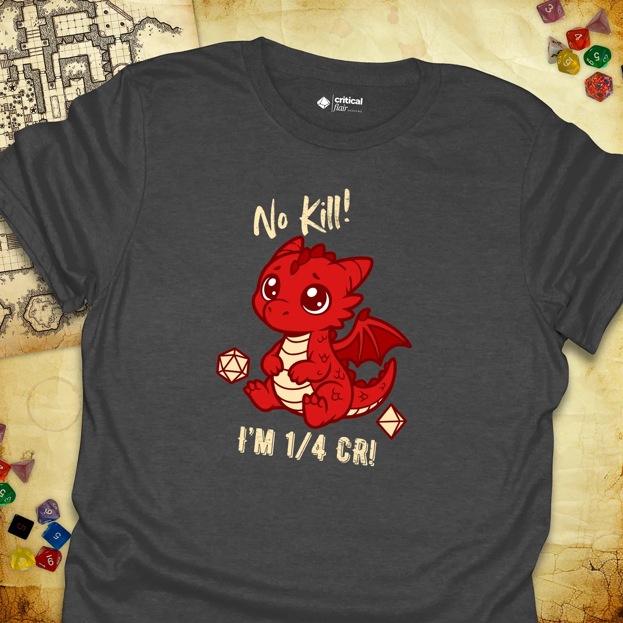 Critical Flair No Kill! (Dragon) T-Shirt Dark Heather / S - Dungeons and Dragons and tabletop RPG gaming apparel