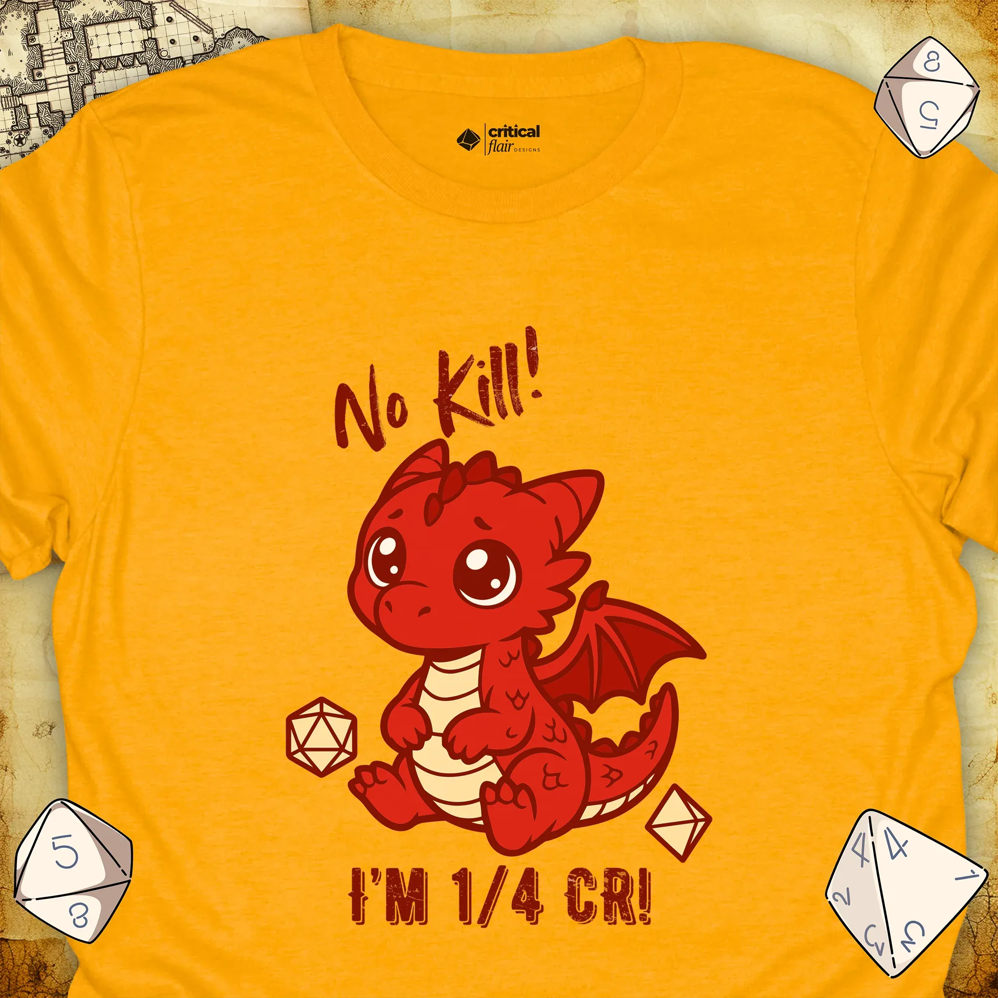 Critical Flair No Kill! (Dragon) T-Shirt Gold / S - Dungeons and Dragons and tabletop RPG gaming apparel
