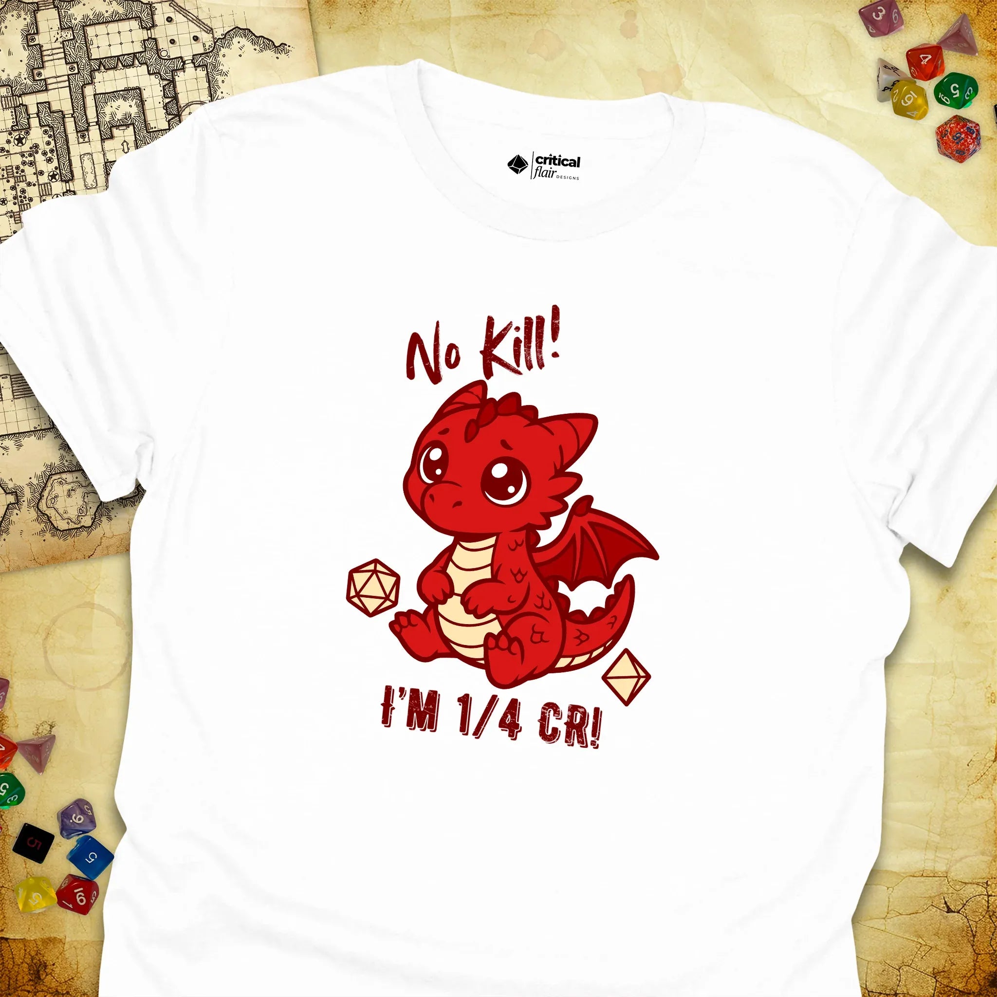 Critical Flair No Kill! (Dragon) T-Shirt White / S - Dungeons and Dragons and tabletop RPG gaming apparel