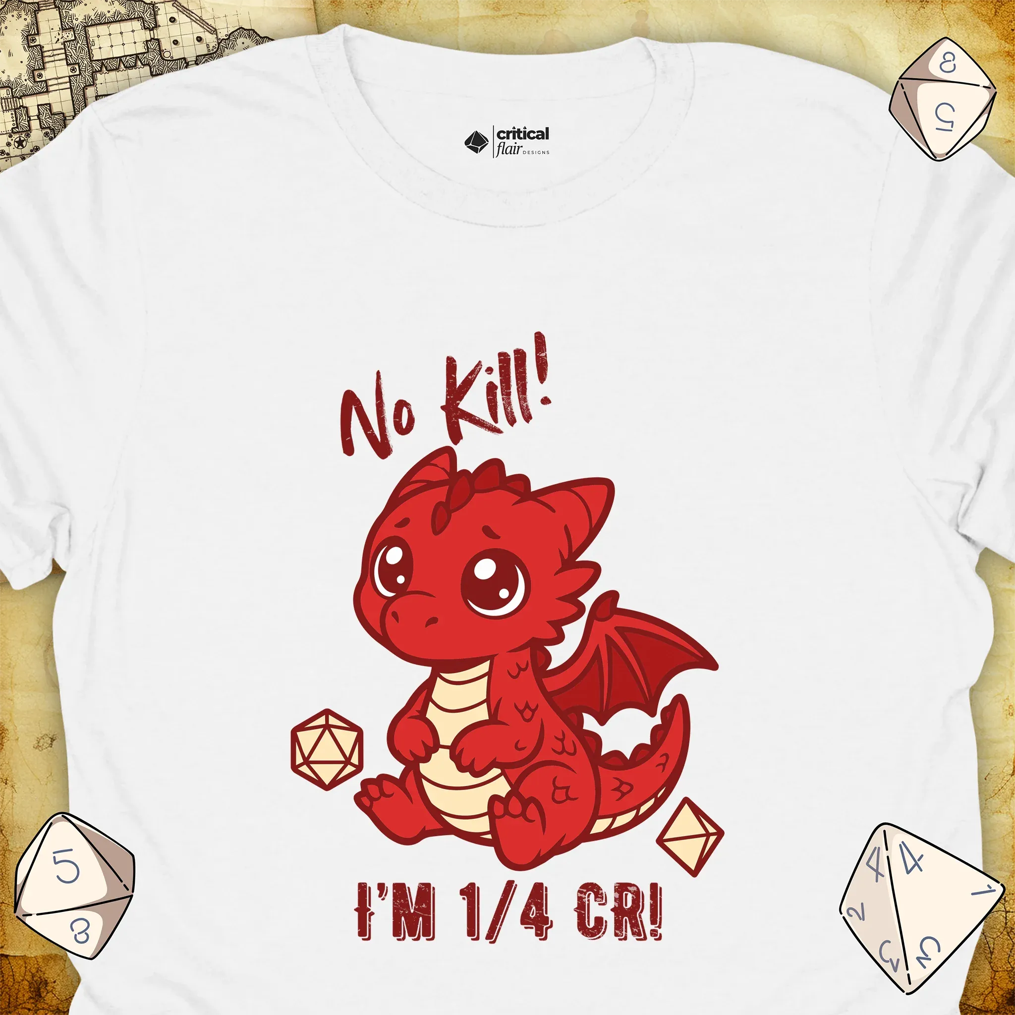Critical Flair No Kill! (Dragon) T-Shirt White / S - Dungeons and Dragons and tabletop RPG gaming apparel