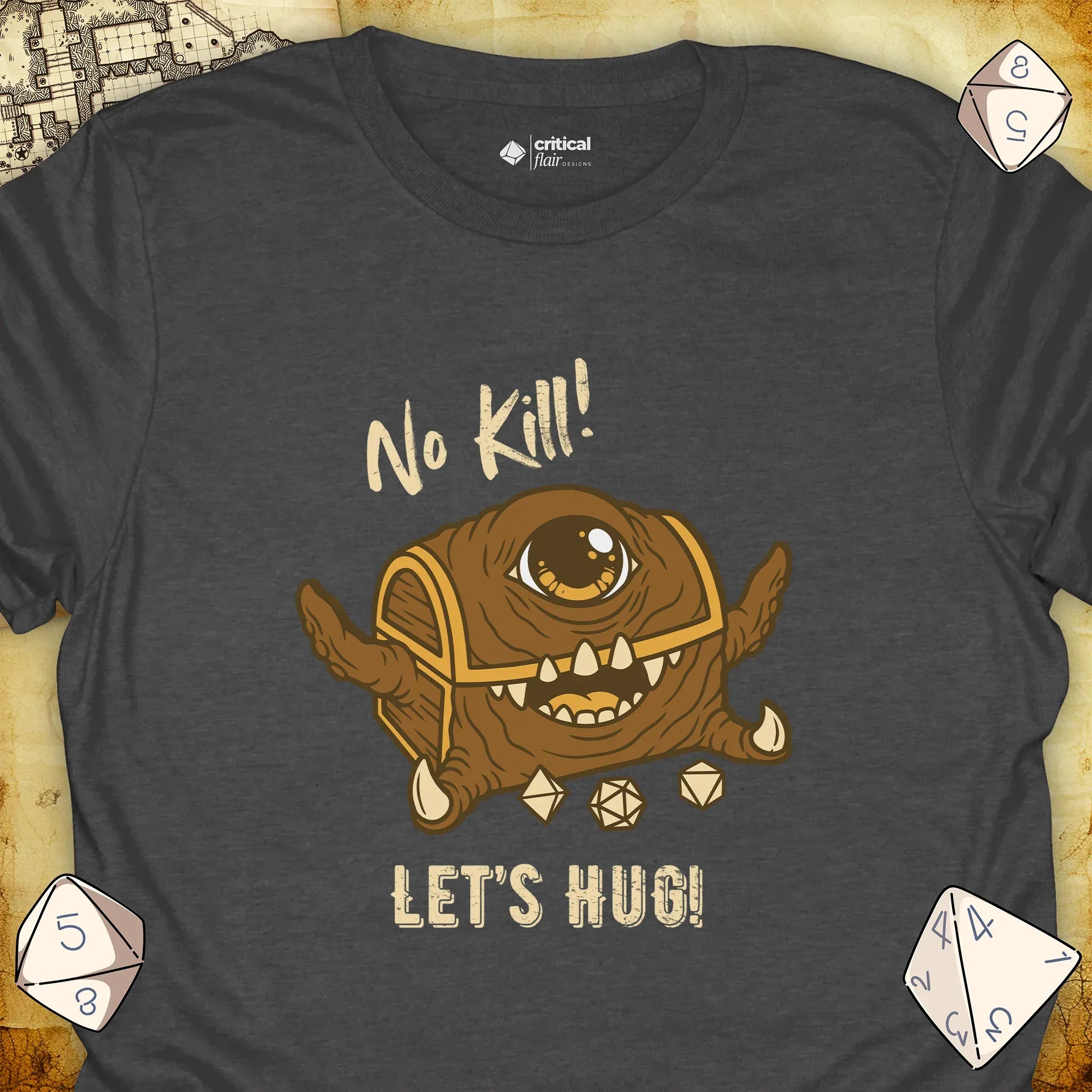 Critical Flair No Kill! (Mimic) T-Shirt Dark Heather / S - Dungeons and Dragons and tabletop RPG gaming apparel