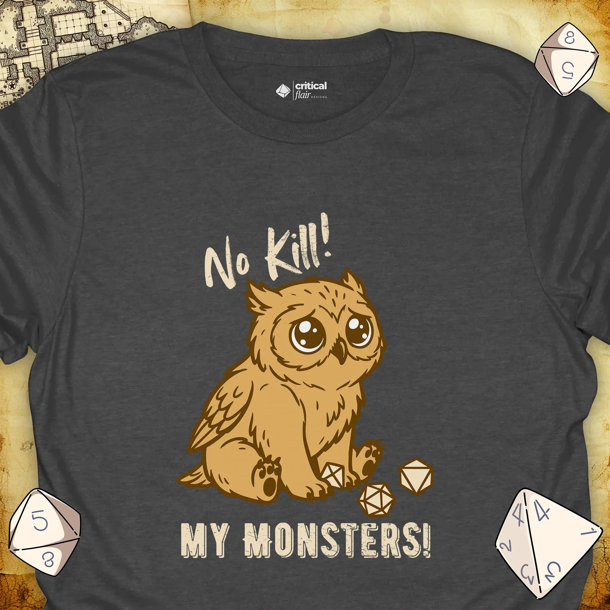 Critical Flair No Kill My Monsters! T-Shirt Dark Heather / S - Dungeons and Dragons and tabletop RPG gaming apparel