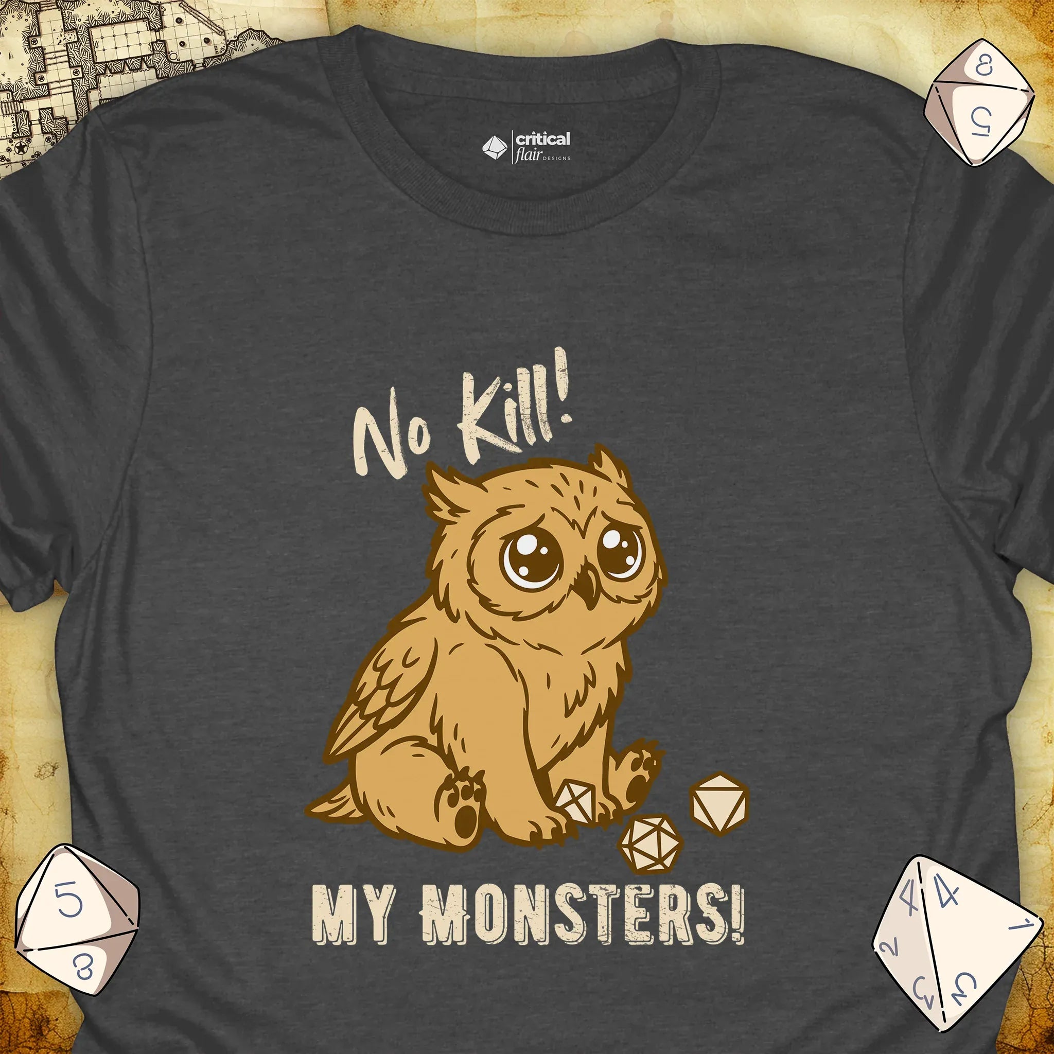 Critical Flair No Kill My Monsters! T-Shirt Dark Heather / S - Dungeons and Dragons and tabletop RPG gaming apparel