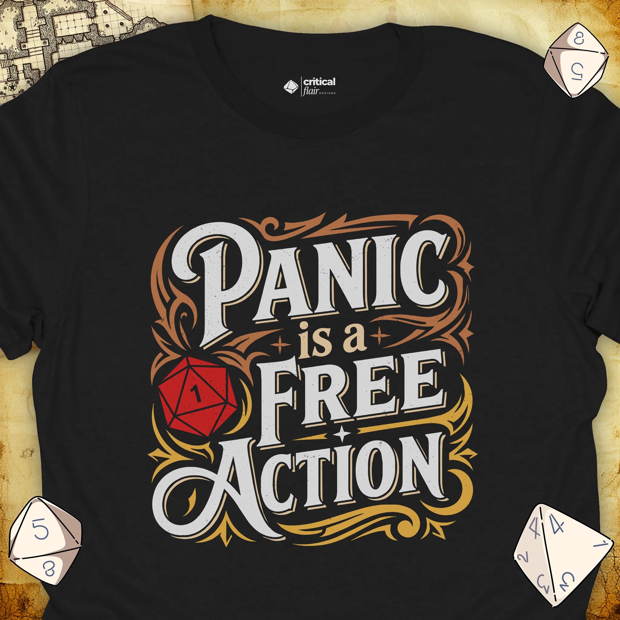 Critical Flair Panic is a Free Action T-Shirt Black / S - Dungeons and Dragons and tabletop RPG gaming apparel