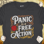 Critical Flair Panic is a Free Action T-Shirt Charcoal / S - Dungeons and Dragons and tabletop RPG gaming apparel