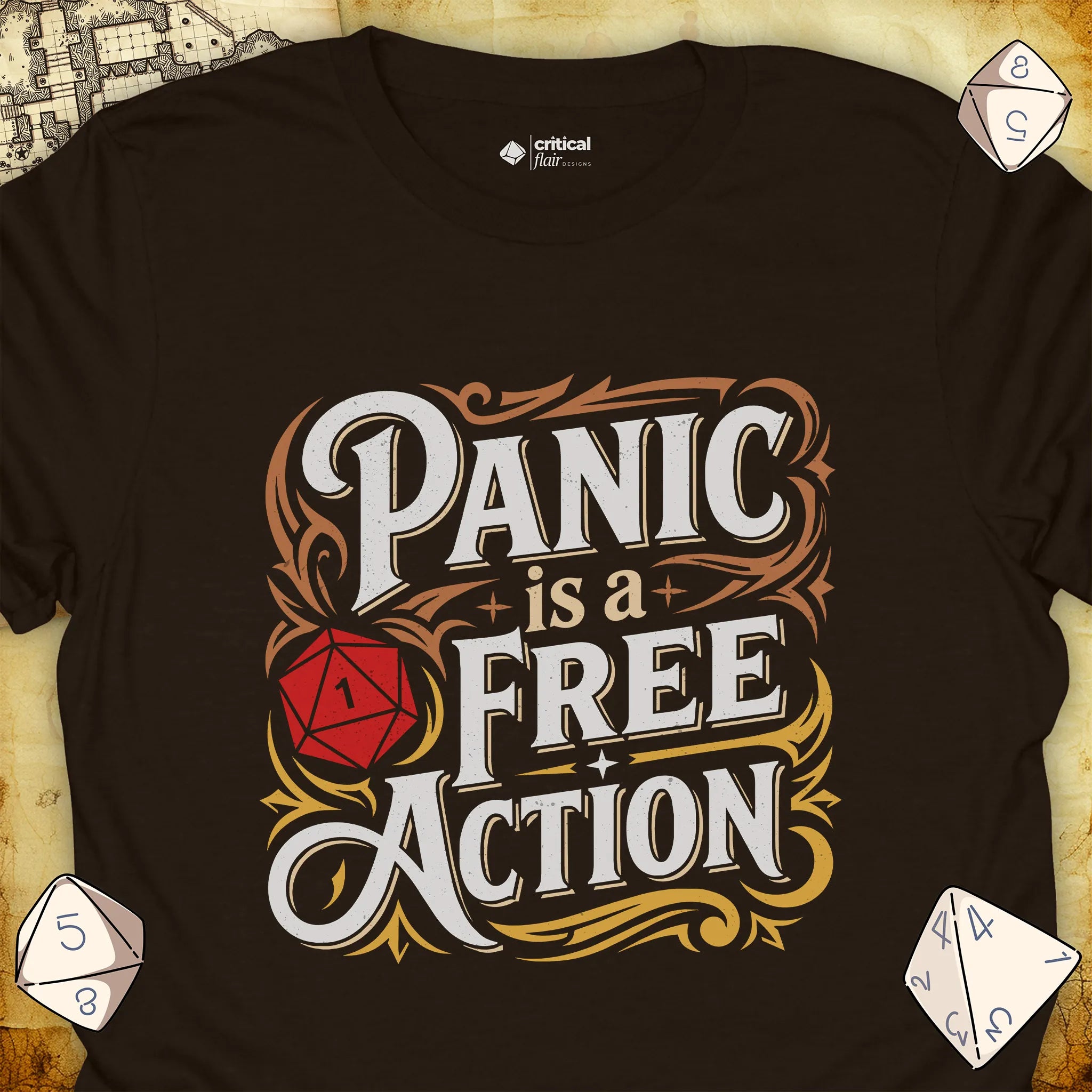 Critical Flair Panic is a Free Action T-Shirt Dark Chocolate / S - Dungeons and Dragons and tabletop RPG gaming apparel