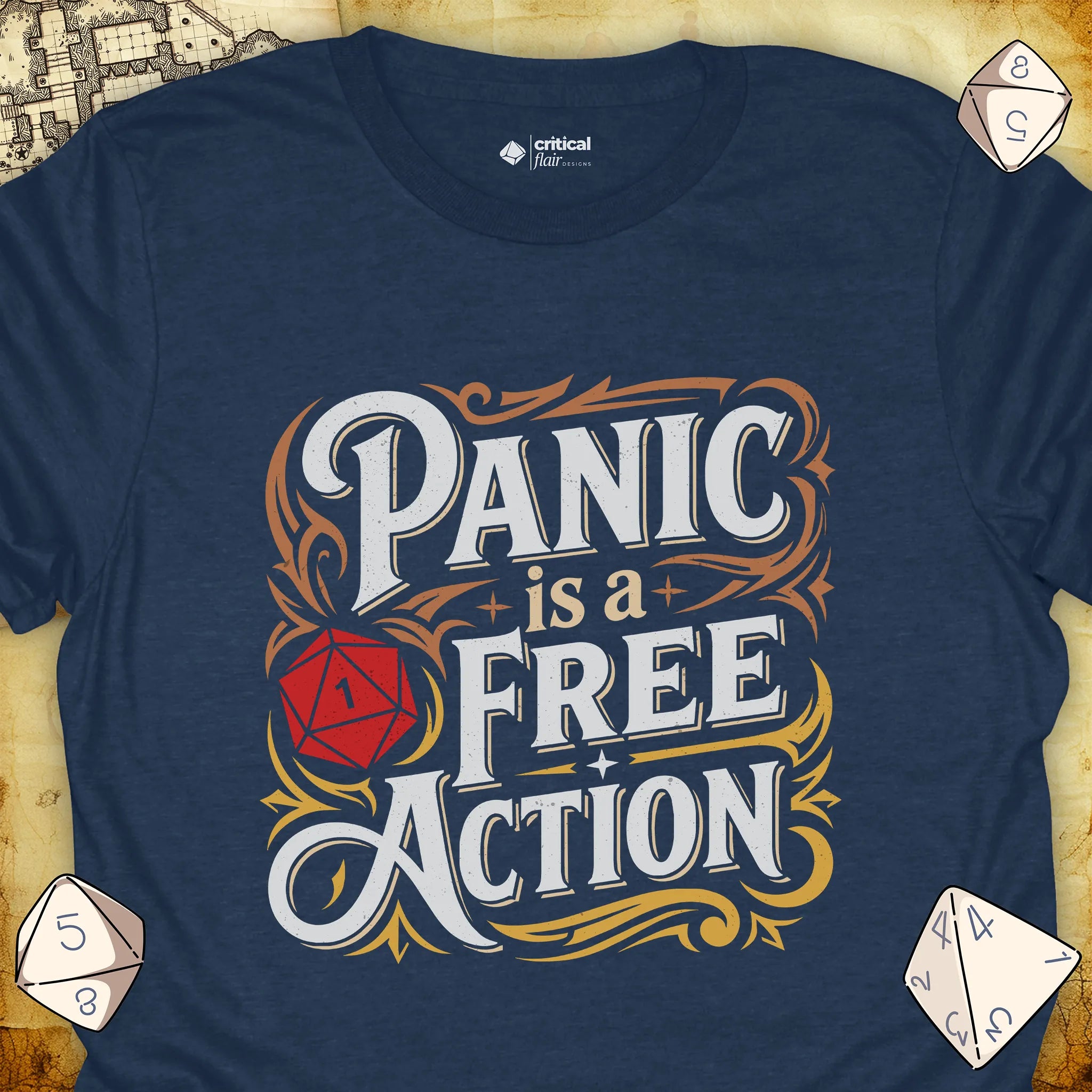 Critical Flair Panic is a Free Action T-Shirt Heather Navy / S - Dungeons and Dragons and tabletop RPG gaming apparel