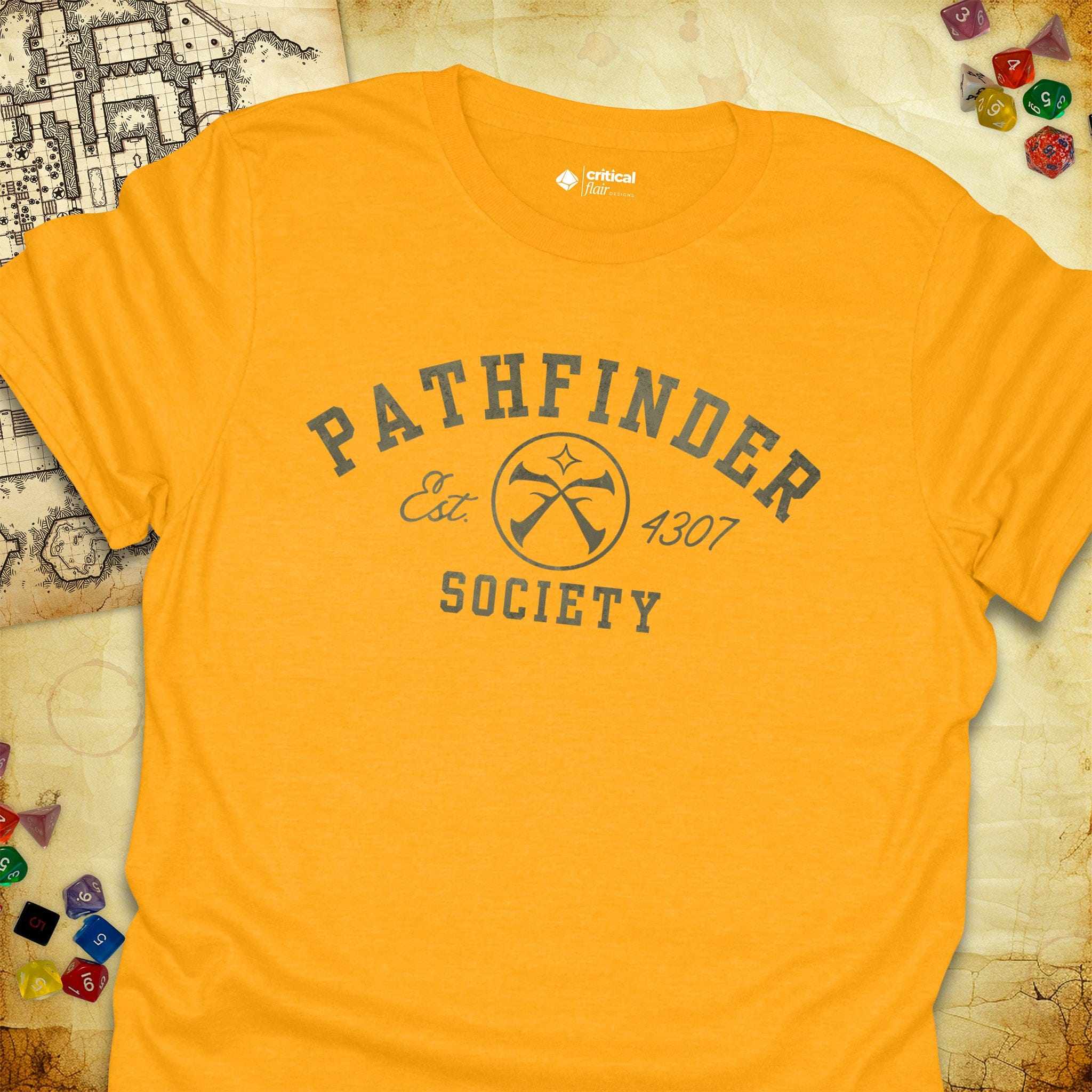 Critical Flair Pathfinder Society v1 T-Shirt Gold / S - Dungeons and Dragons and tabletop RPG gaming apparel