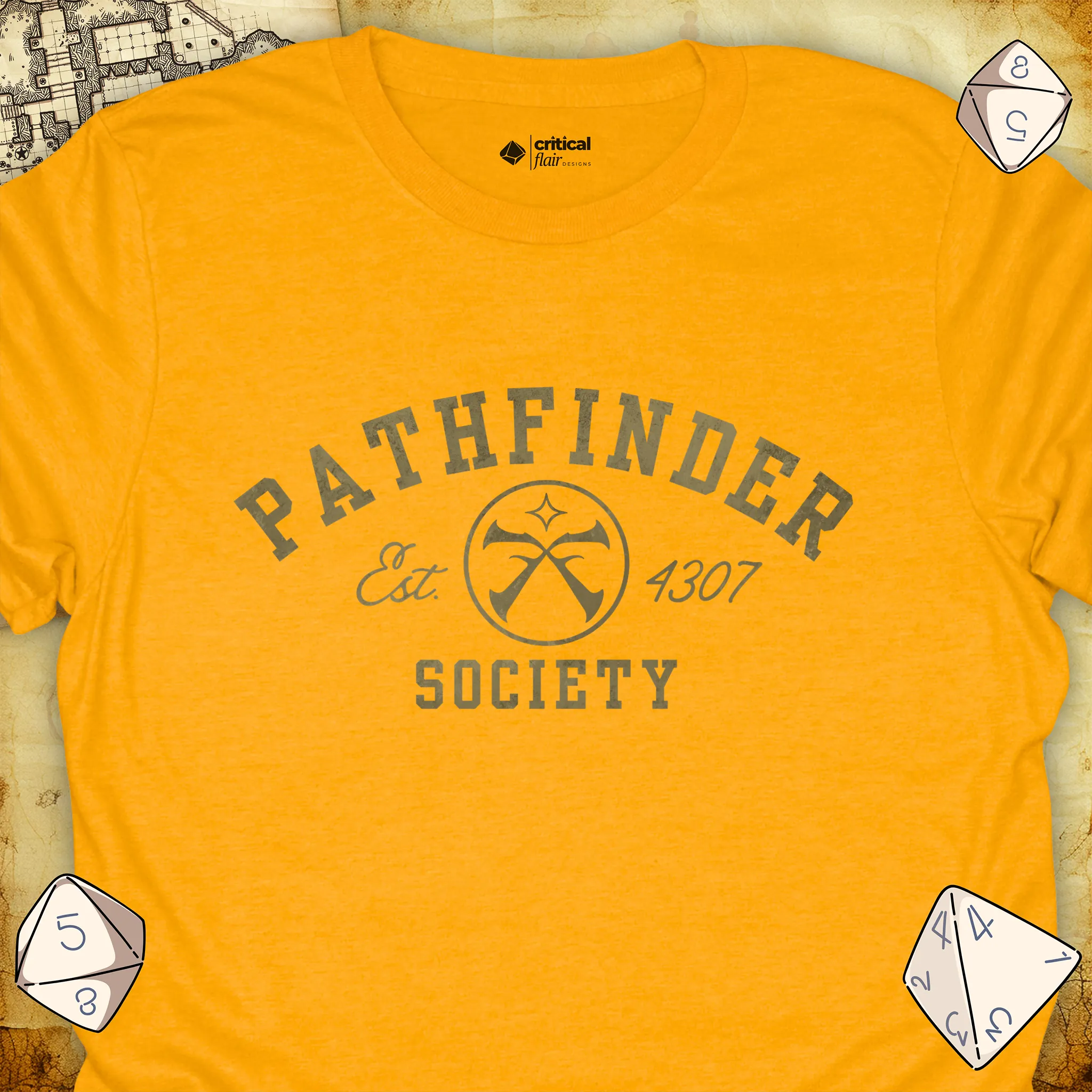 Critical Flair Pathfinder Society v1 T-Shirt Gold / S - Dungeons and Dragons and tabletop RPG gaming apparel