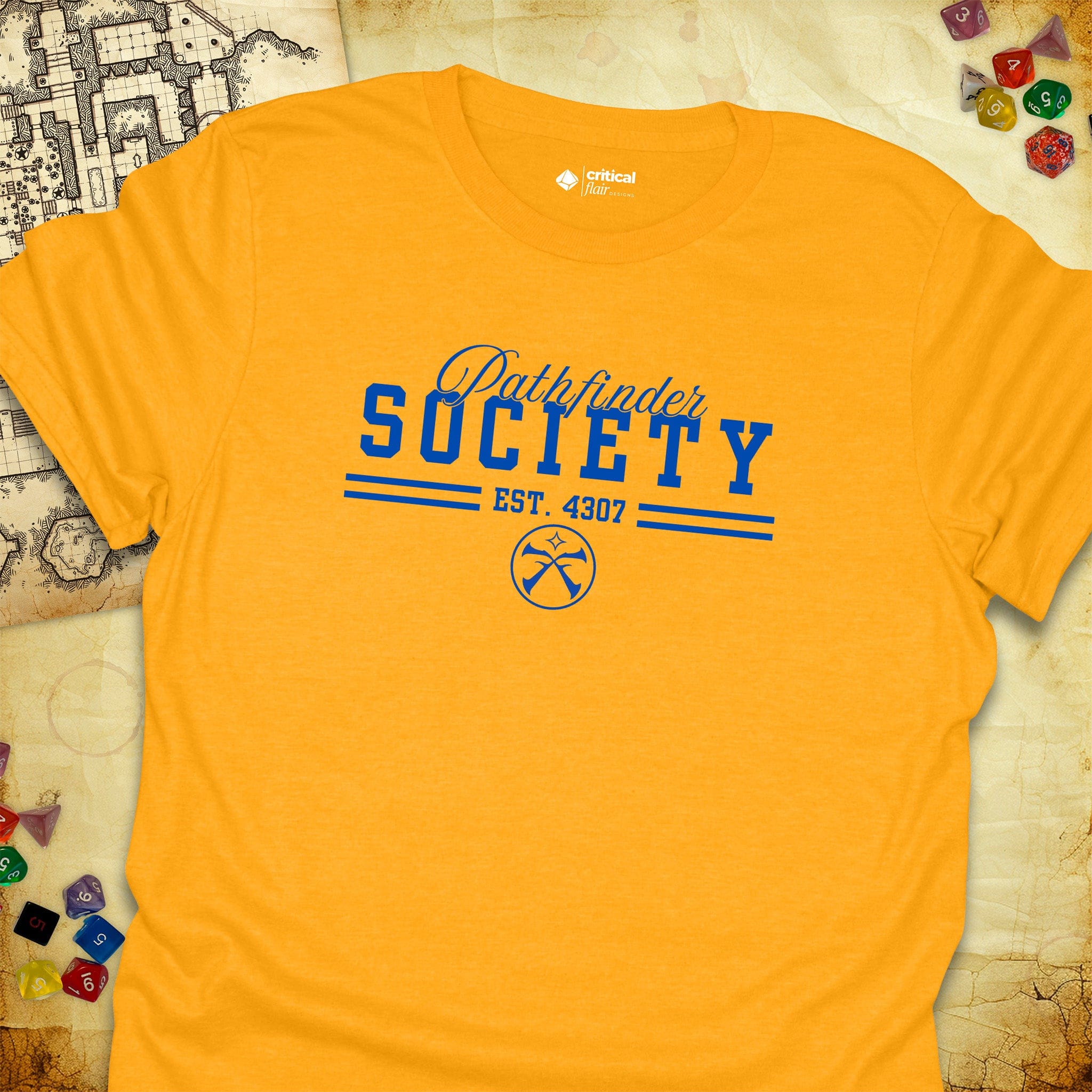 Critical Flair Pathfinder Society v2 T-Shirt Gold / S - Dungeons and Dragons and tabletop RPG gaming apparel
