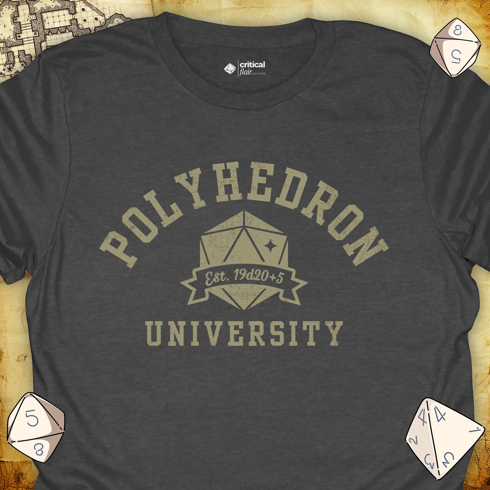 Critical Flair Polyhedron U T-Shirt Dark Heather / S - Dungeons and Dragons and tabletop RPG gaming apparel