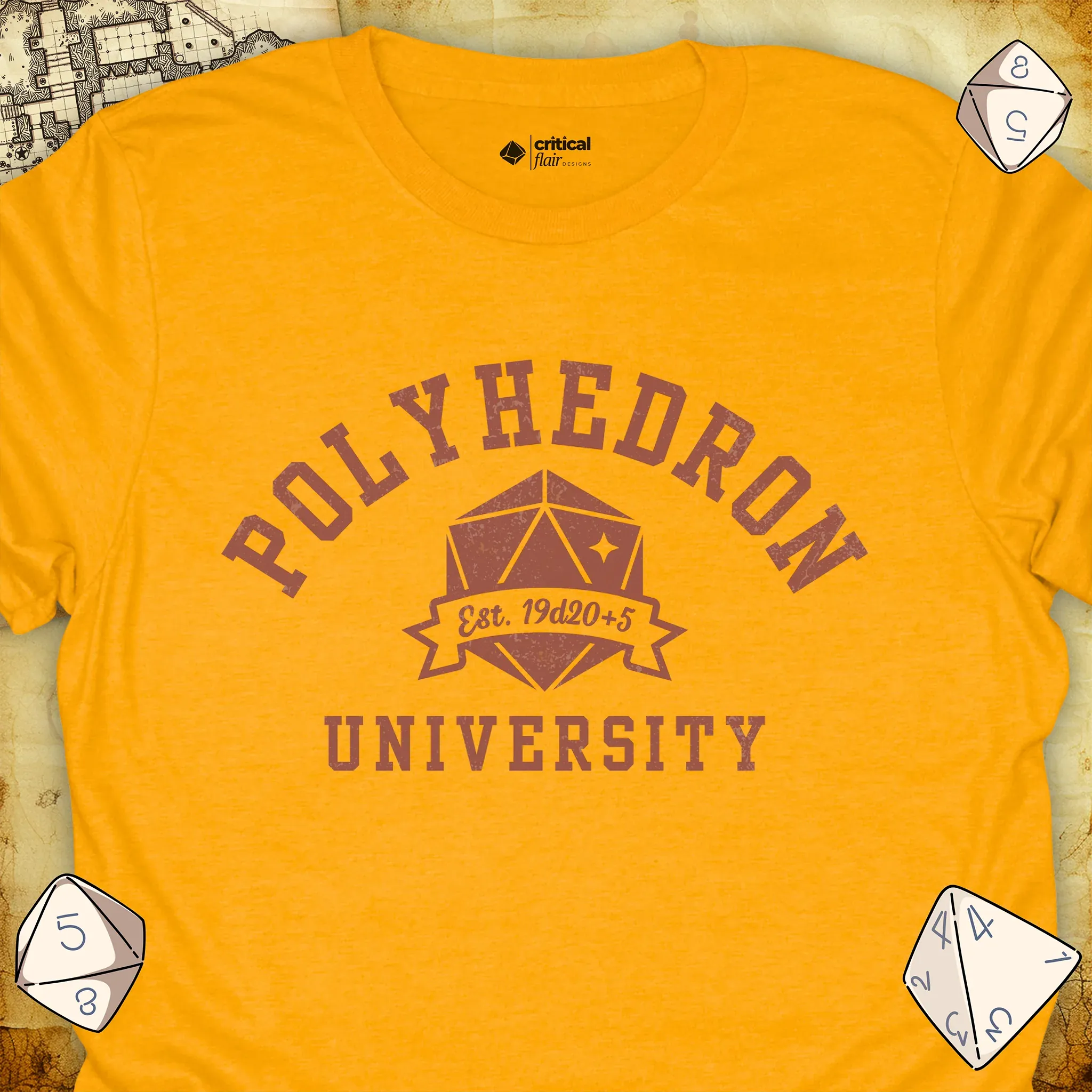 Critical Flair Polyhedron U T-Shirt Gold / S - Dungeons and Dragons and tabletop RPG gaming apparel
