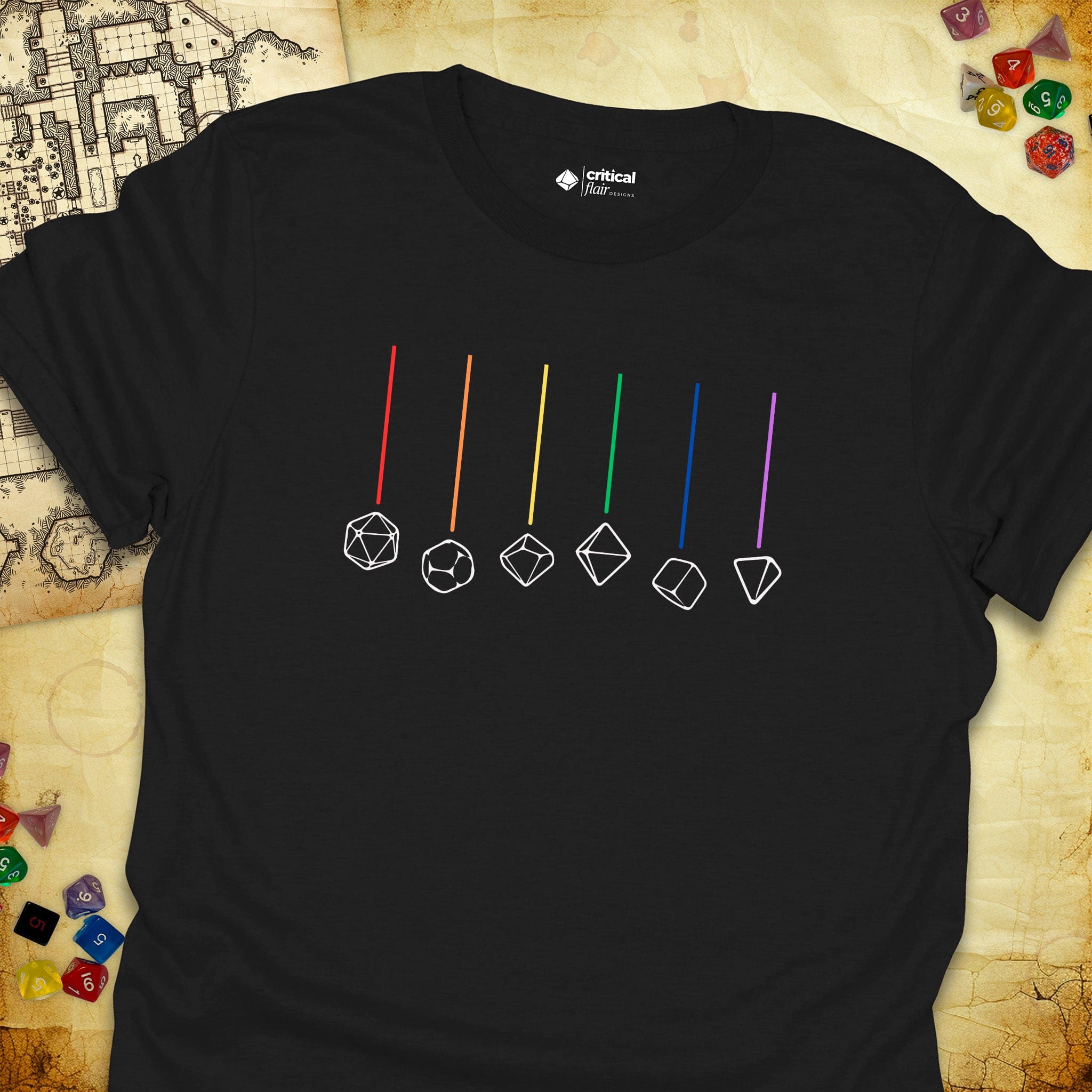 Critical Flair Rainbow Dice T-Shirt Black / S - Dungeons and Dragons and tabletop RPG gaming apparel